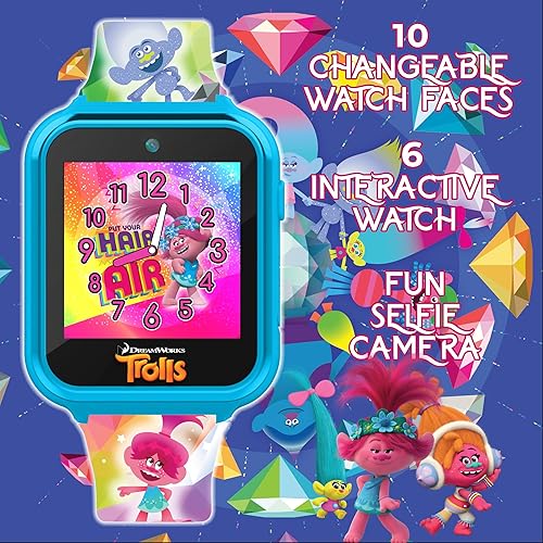 Miniatura 5 de Accutime Trolls - Reloj inteligente para niños, pantalla táctil interactiva con juegos, cámara selfie, rastreador de pasos, alarma y correa de