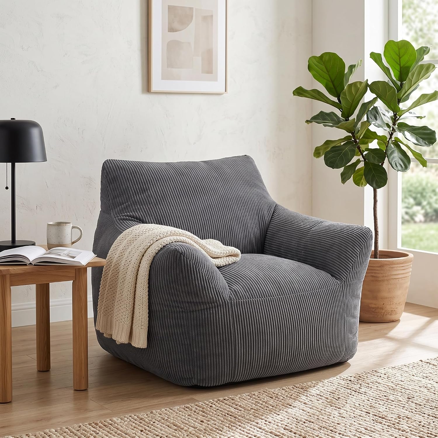 Corduroy Bean Bag Chair for Adults - No Assembly Comfy Lazy Sofa with Armrests, Soft Sponge Filled Floor Chair for Living Room Bedroom Gaming Reading (Gray)