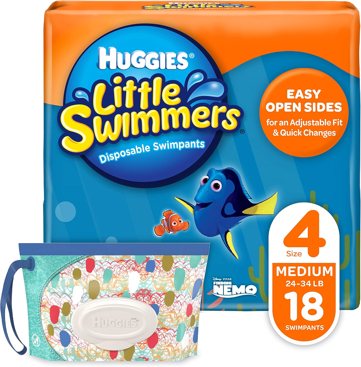 Huggies Little Swimmers Disposable Swim Diapers, Swimpants, Size 4 Medium (24-34 Pound), 18 Count, with Huggies Wipes Clutch 'N' Clean Bonus Pack (Packaging May Vary)