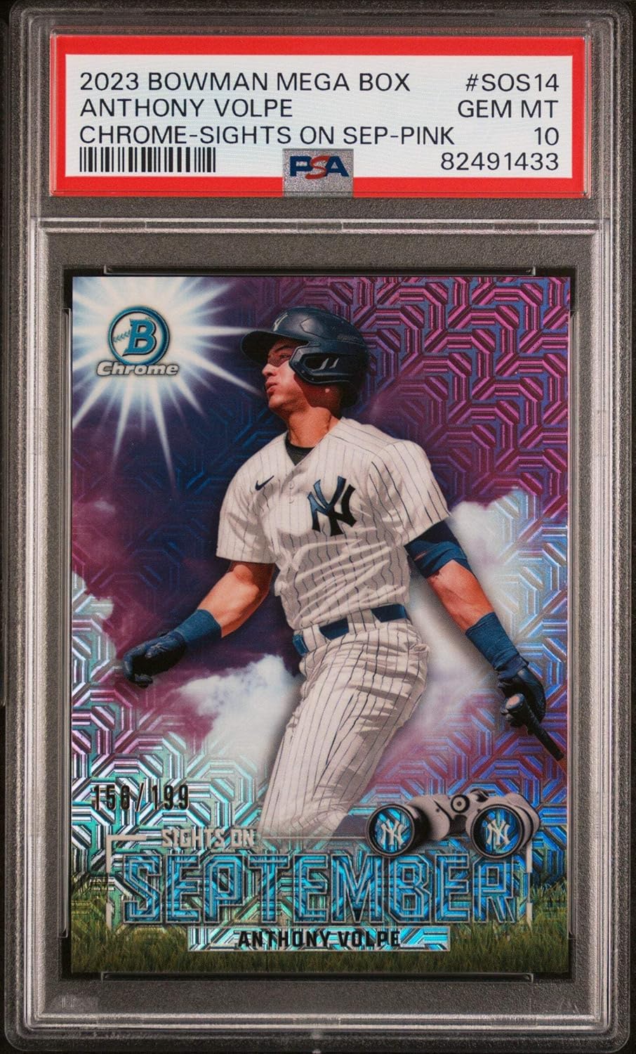 Graded 2023 Topps Bowman Mega Box Anthony Volpe #SOS14 Chrome Sights on September Pink #/199 Rookie RC Baseball Card PSA 10 Gem Mint