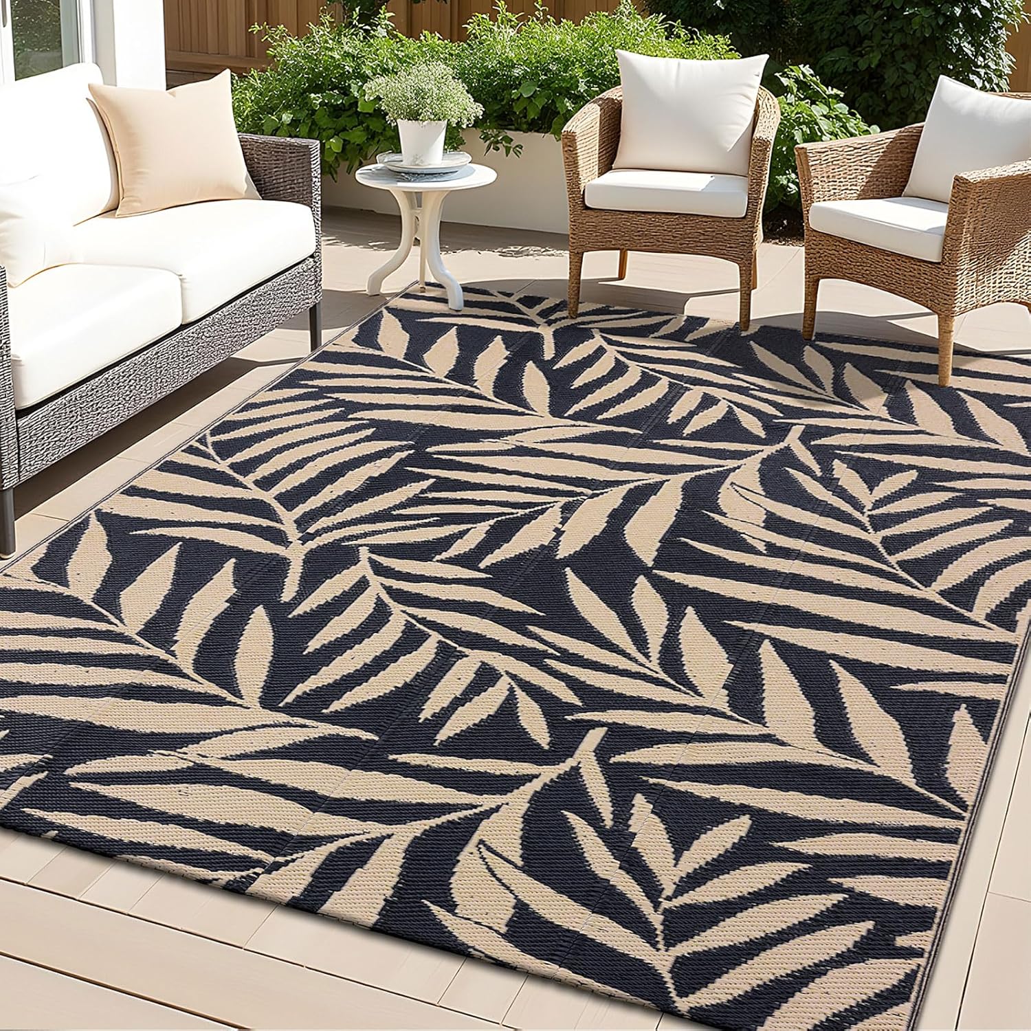 OLANLY Waterproof Outdoor Rug 5x8 ft, Reversible Outdoor Plastic Straw Rug with Leaf Pattern, RV Mat, Indoor Outdoor Carpet for Patio, Camping, Balcony, Deck, Backyard, Black & Beige
