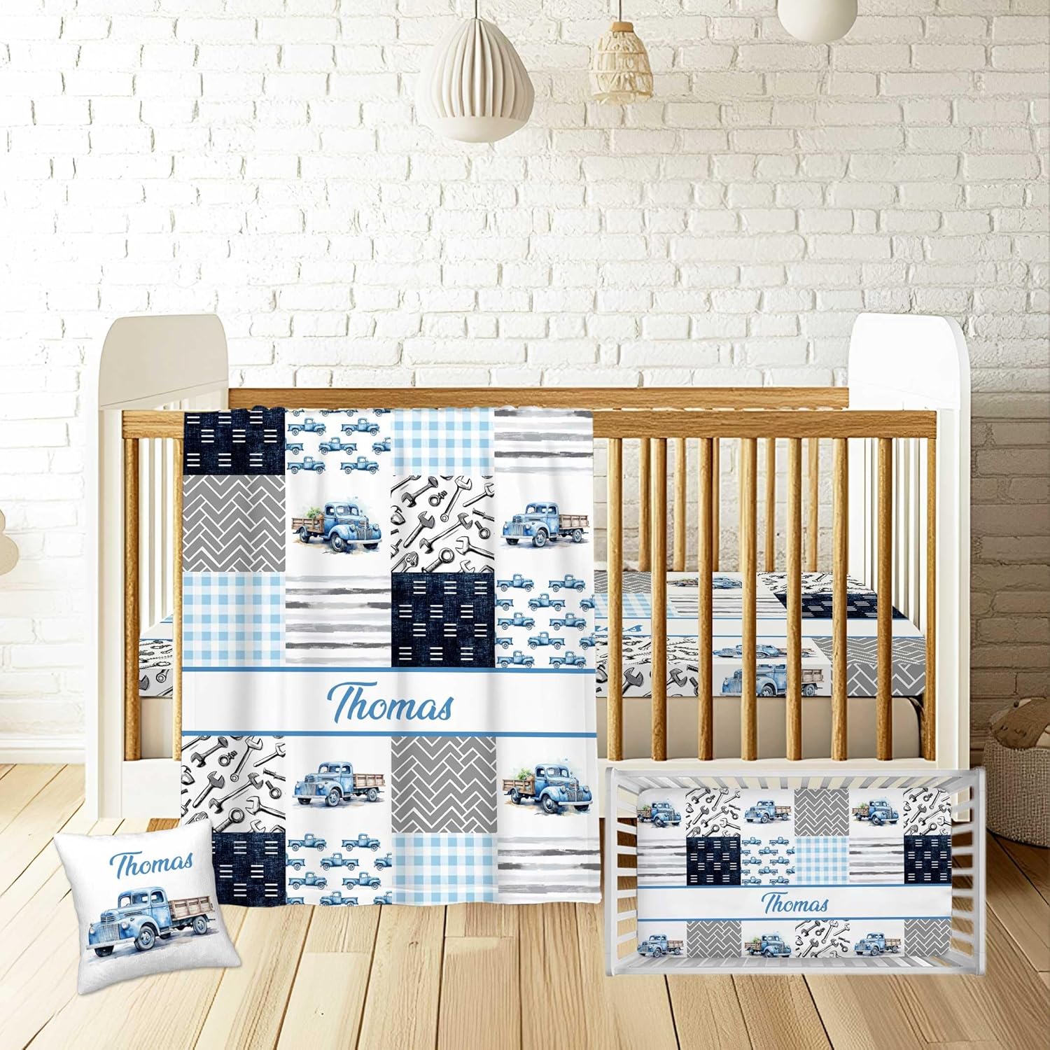 Personalized Baby Crib Bedding Set – 3 Piece Truck Theme Nursery Set with Custom Name, Soft Blanket, Fitted Crib Sheet & Pillowcase for Newborn, Infant Boys Girls Gift