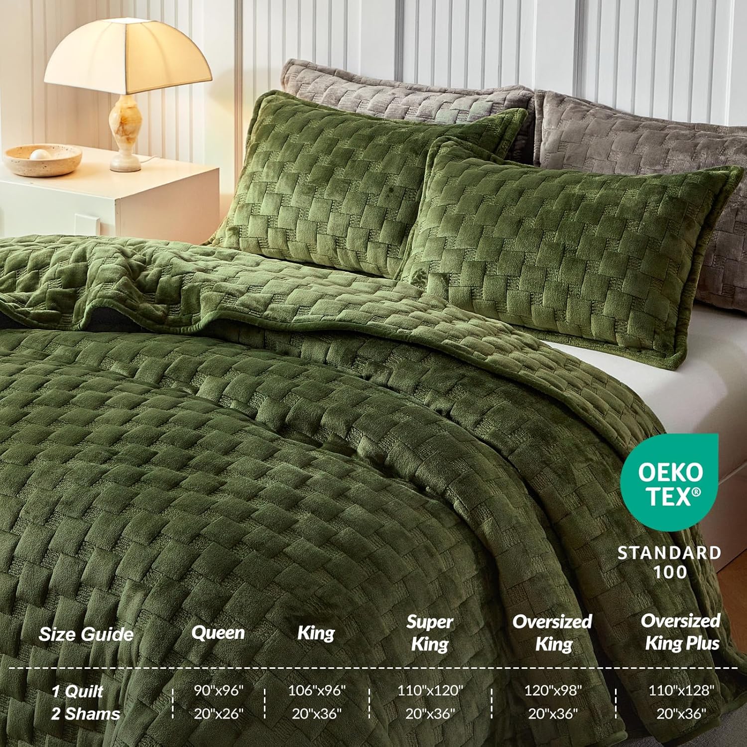 WARMDERN Olive Green Velvet Quilt Set Queen Size, Luxury Geometric Check Pattern Quilts Set, Soft Lightweight Bedspread & Coverlet, 3PCS Milk Velvet Bedding Set with 2 Pillow Shams, 90" x 96" - Image 2