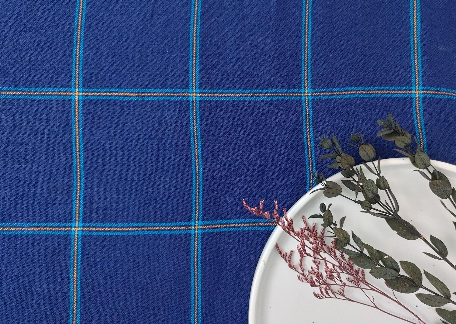 Navy Color 100% Linen Dobby Weave in Windowpane Check 7850 Navy