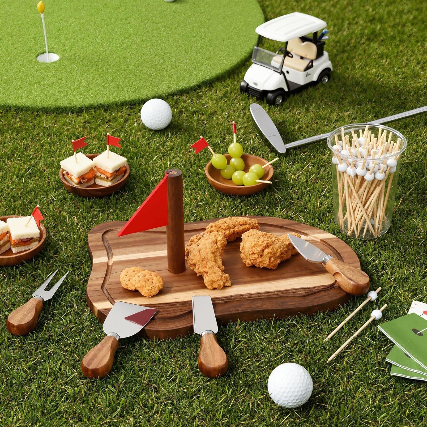 Meanplan Golf Acacia Cheese Board Gift Set Golf Party Favor Prizes Charcuterie Wood Board with Knives and Toothpicks Birthday Gift for Dad Grandpa Valentines Day Party Tournament Game