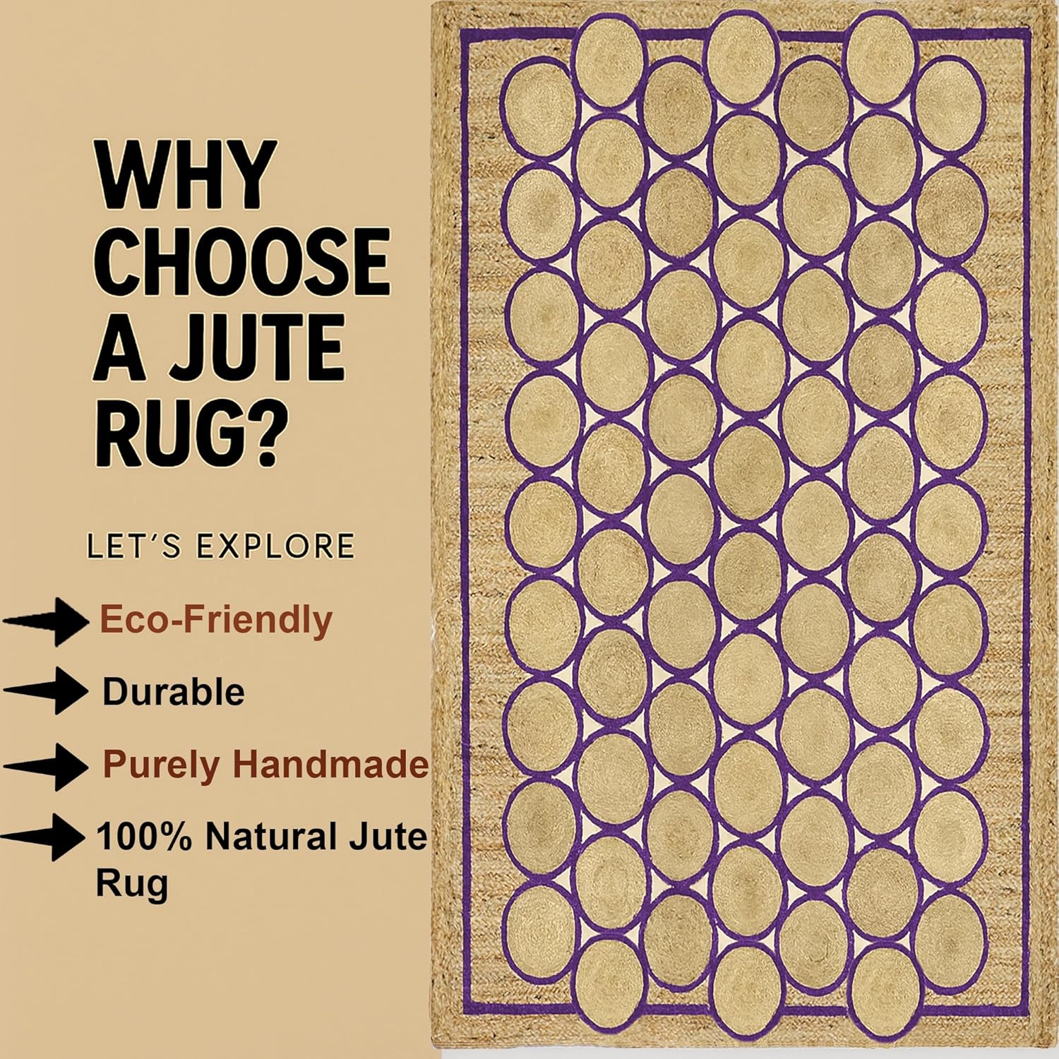 Premium Quality Jute Rug 12x15 Feet Area Rug Natural Fiber Jute Rugs Thick 0.27" Geometric Purple Circle & Border Rugs for Farmhouse Indoor Outdoor Decorative Floor Carpet
