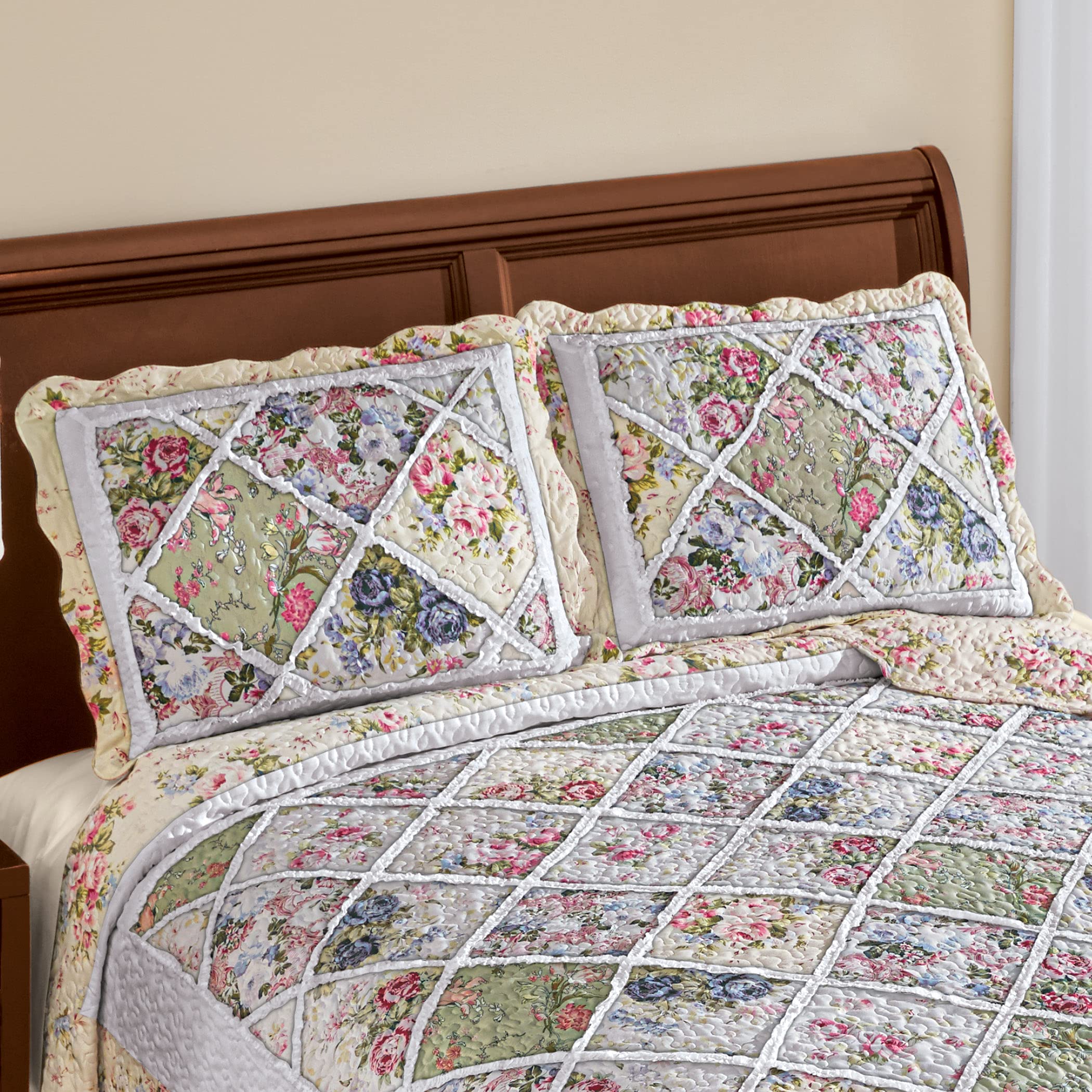 Collections Etc Diamond Patchwork Enchanted Garden Sham - Fits Standard Size Pillow 26 x 20 - Machine Washable - Polyester