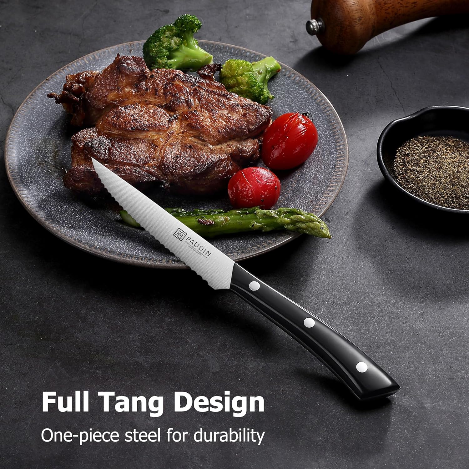 PAUDIN Steak Knives, Steak Knife Set of 8, Razor-Sharp Kitchen Knife Set 4.5 inch, High Carbon Stainless Steel Serrated Steak Set for Kitchen,Black Steak Knives