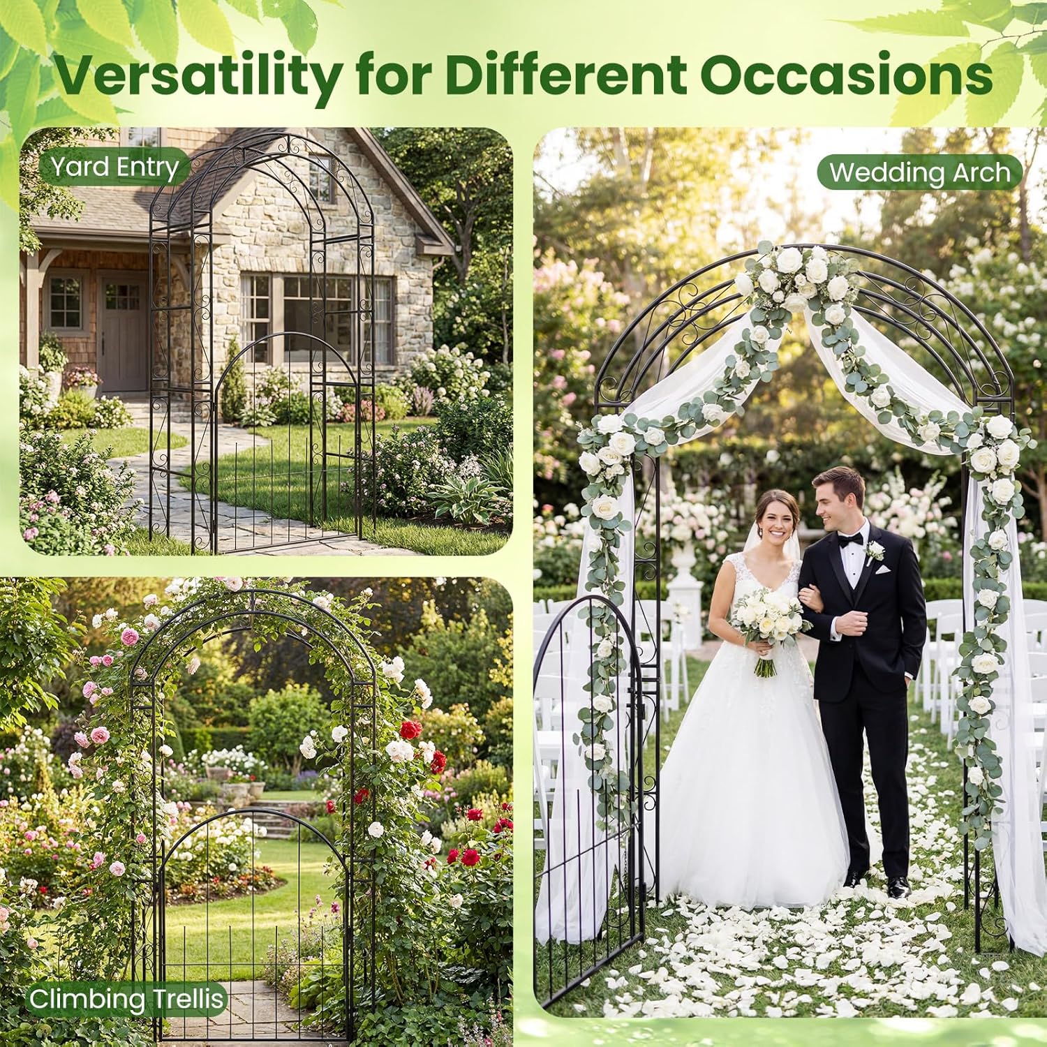 Giantex 84'' Garden Arbor with Gate, Heavy-Duty Metal Arch Trellis for Climbing Plants Vines Roses, Wedding Archway for Ceremony, Pathway & Outdoor Decoration, Patio Pergola for Backyard Lawn