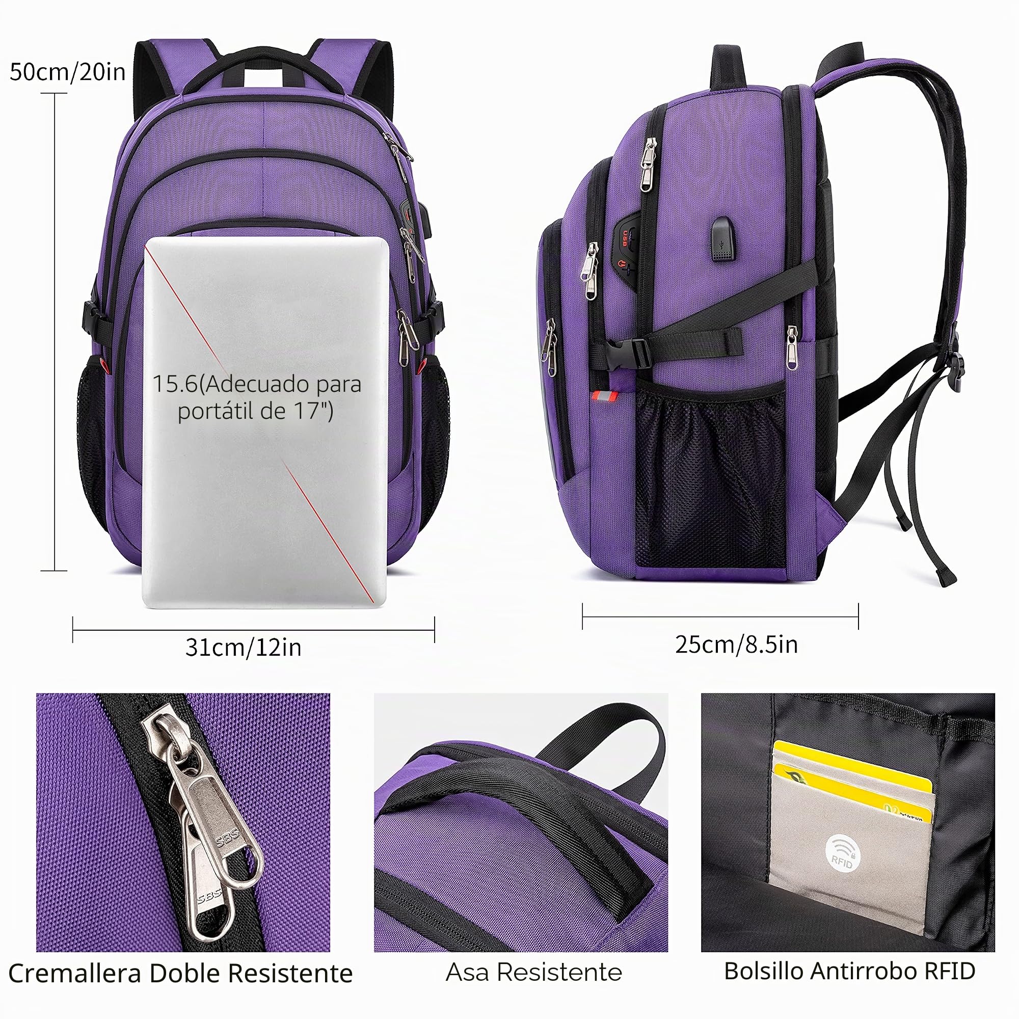 Mochila RFID antirrobo, Mochila Escolar para Notebook, Mochila Escolar Juvenil, Mochila Impermeable con Puerto de Carga USB, Mochila de Viaje de Negocios para Hombres y Mujeres