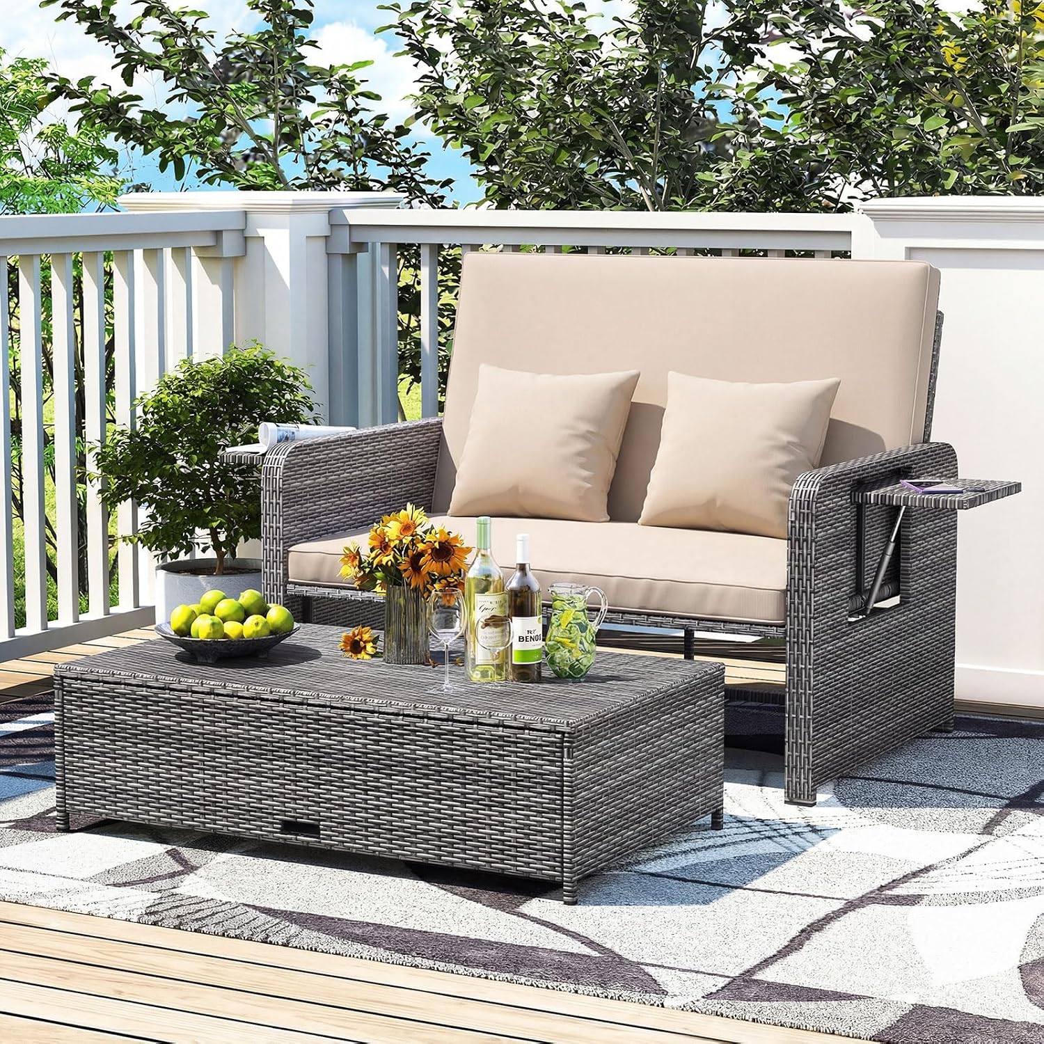RELAX4LIFE Wicker Patio Outdoor Daybed - Rattan Day Bed Lounger w/Loveseat & Storage Ottoman, Sunbed Sofa Set w/Cushions, 4-Level Adjustable Backrest & 2 Retractable Trays, Patio Daybed (Beige-Grey)