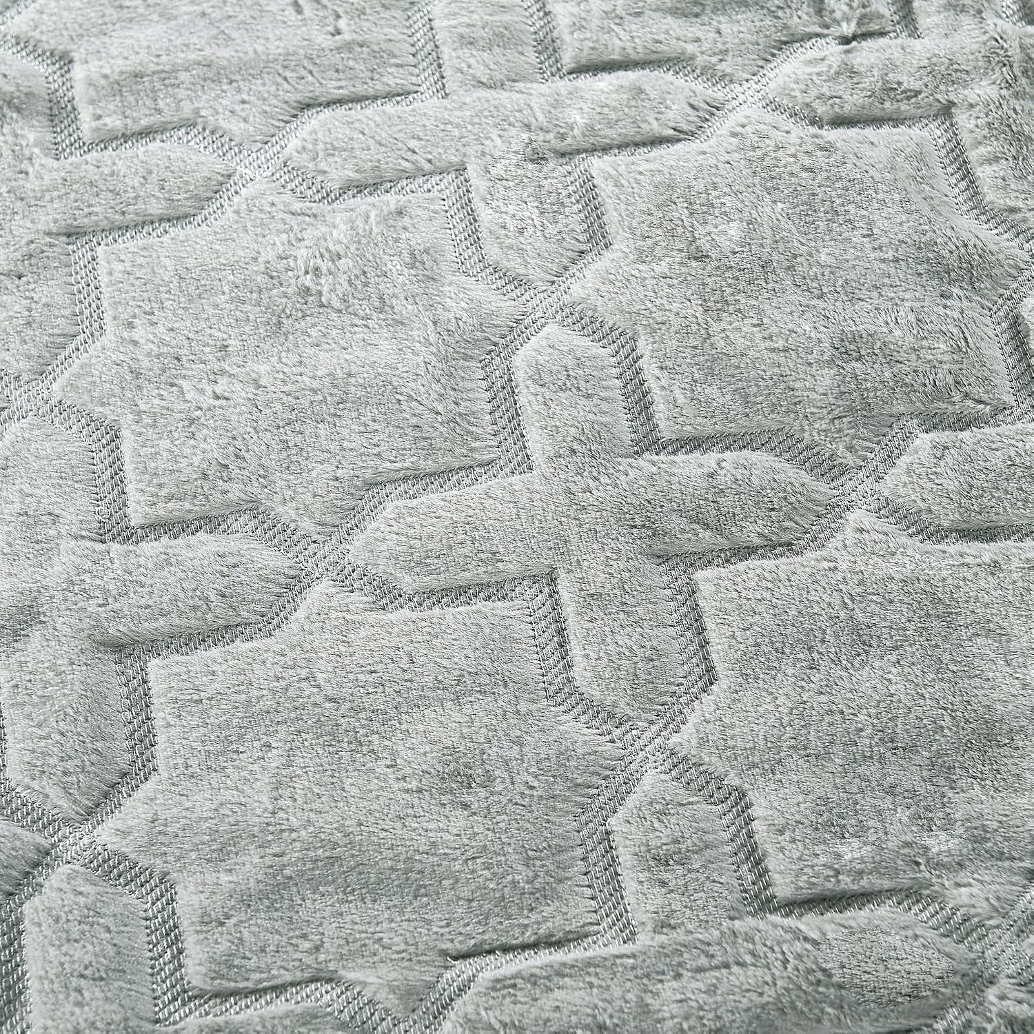 Geometric Embossed Faux Fur 50" x 60" Plush Throw Blanket with Two 18" x 18" Pillow Covers (NO Inserts) 3 Pcs Set, Soft Fuzzy Furry Throw with Sherpa Back for Couch Bed Chair, Silver Gray
