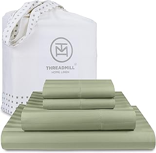 Threadmill 500 Thread Count King Size Damask Stripe, 4 Pc Luxury Cotton Bed Sheet Set, Silky Soft Sage Green Sheets with 1...