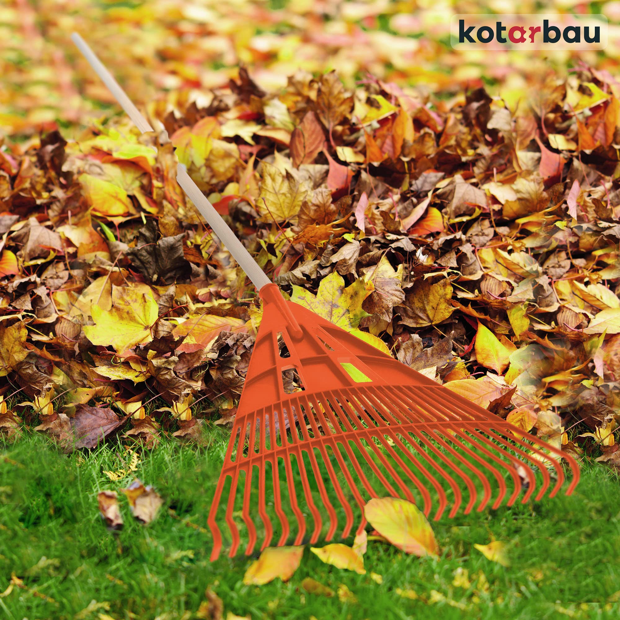 KOTARBAU® Rastrillo Jardín - Plástico - 61 cm - Naranja - con Mango - Rastrillo para Césped - Rastrillos - Ligero Y Resistente - Herramienta para Jardinería