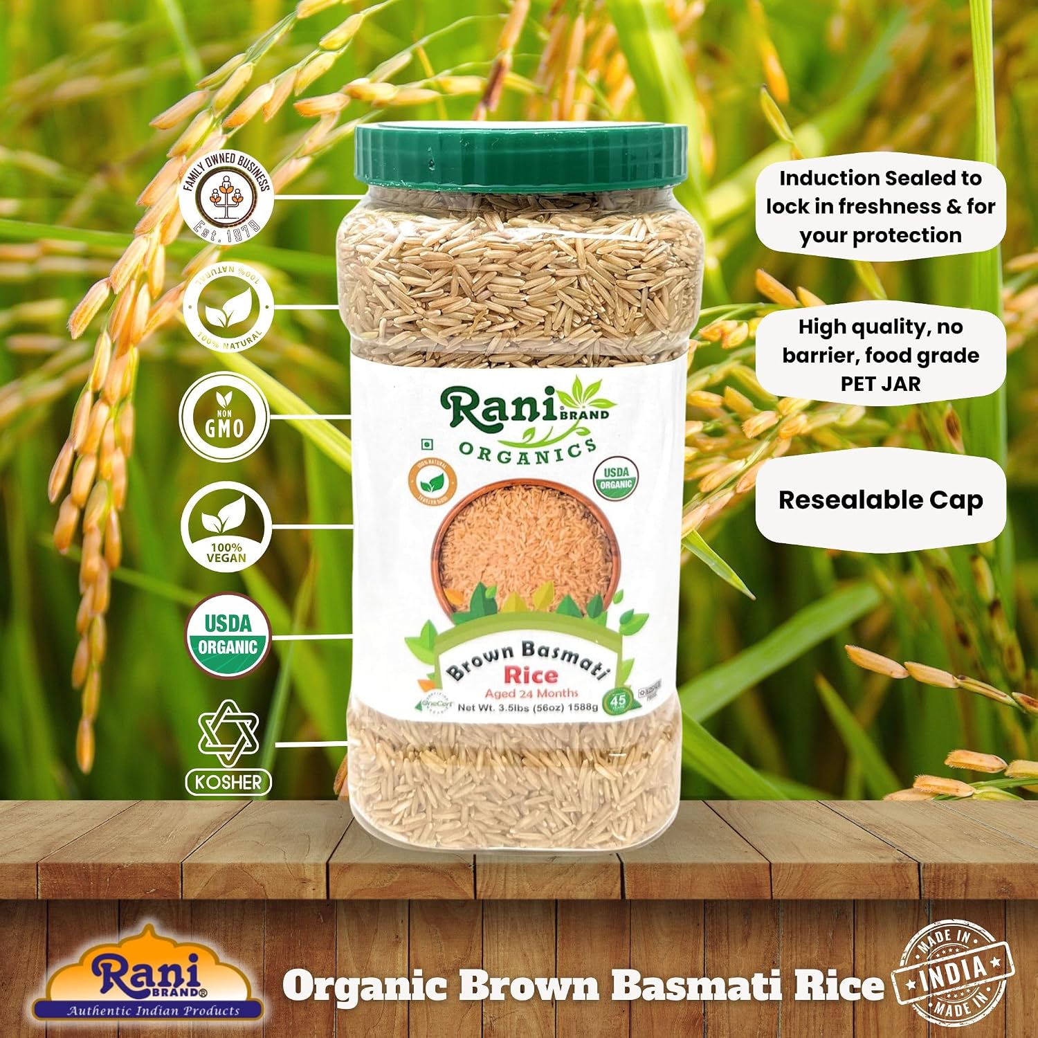Rani Organic Brown Basmati Rice Extra Long Aged 56oz (3.5lbs) 1.59kg PET Jar ~ All Natural | Gluten Friendly | Vegan | Indian Origin | Kosher | Export Quality | USDA Certified Organic image 5