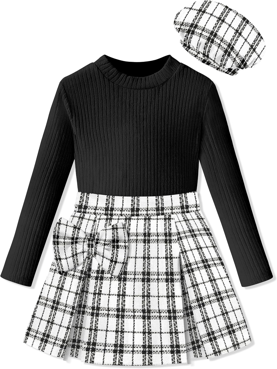 DONWEN Girl Skirt Sets 3 Piece Outfits Crew Neck Ribbed Tops Plaid Mini Skirt Shorts with Bowtie + Beret Fall Winter Clothes