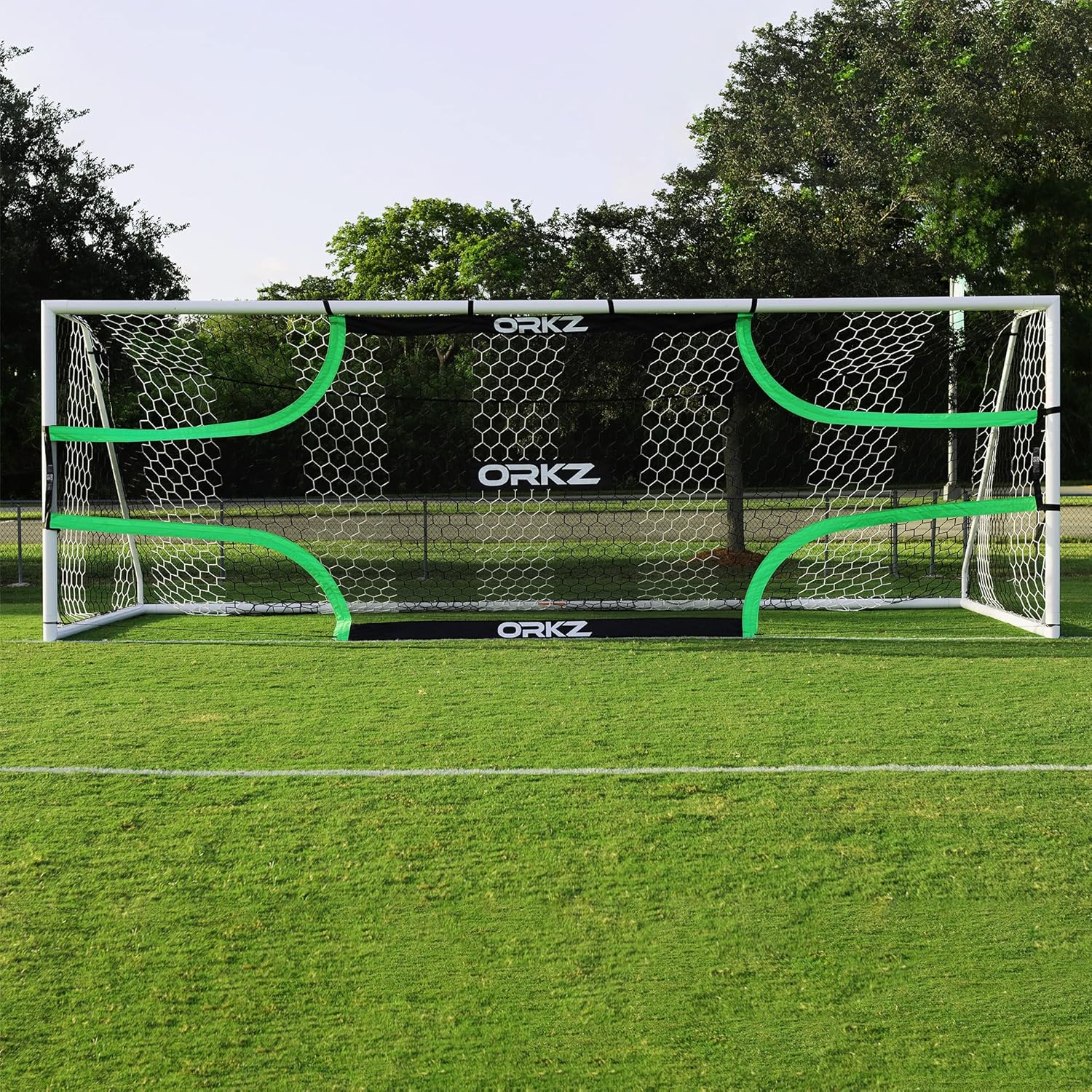Soccer Goal Target Net - 24ft x 8ft Scoring Training Equipment - Improve Kick Practice Shooting Targets, Portable Football Target Sheet with Carry Bag, Ground Stakes, Bungee Cord Included