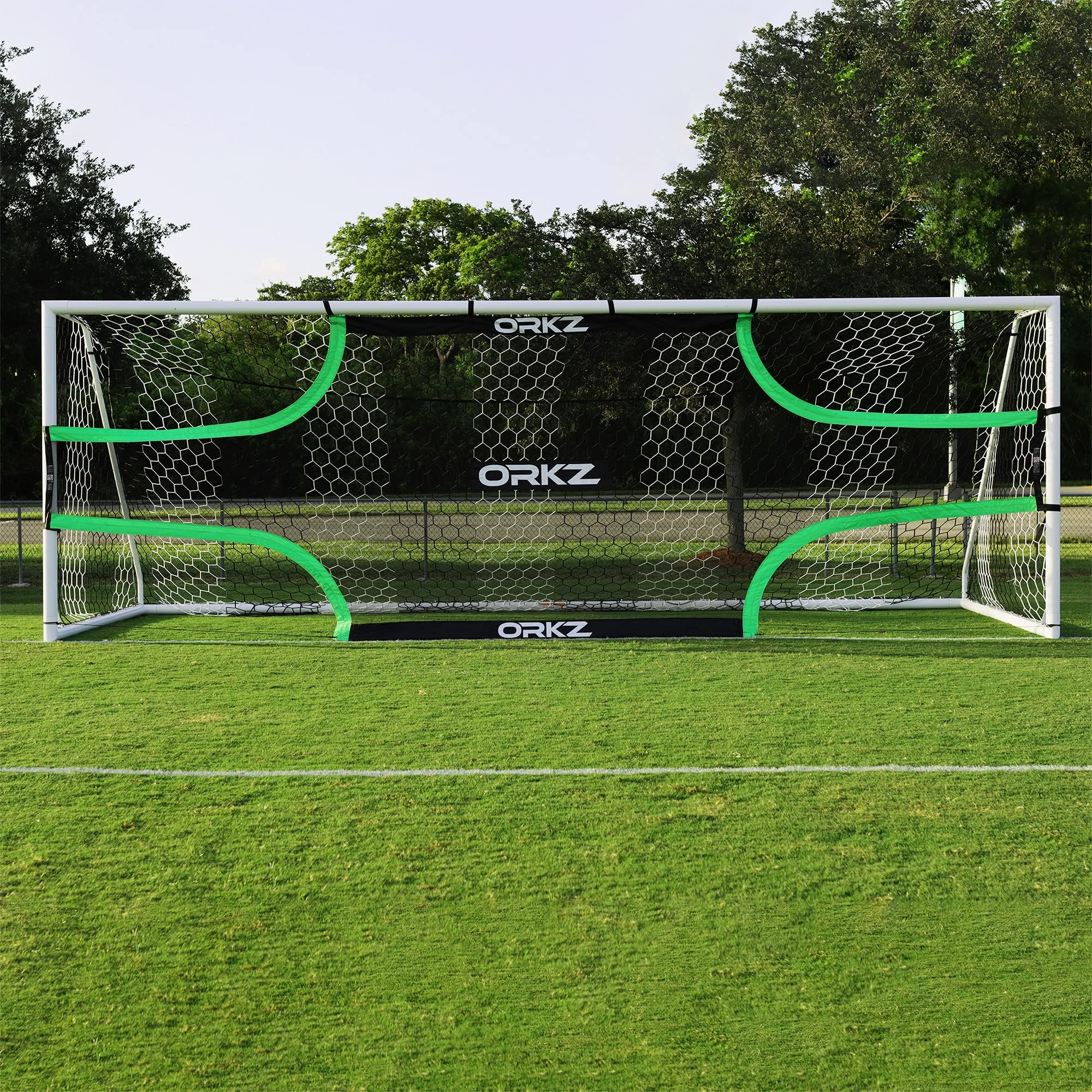 Soccer Goal Target Net - 24ft x 8ft Scoring Training Equipment - Improve Kick Practice Shooting Targets, Portable Football Target Sheet with Carry Bag, Ground Stakes, Bungee Cord Included