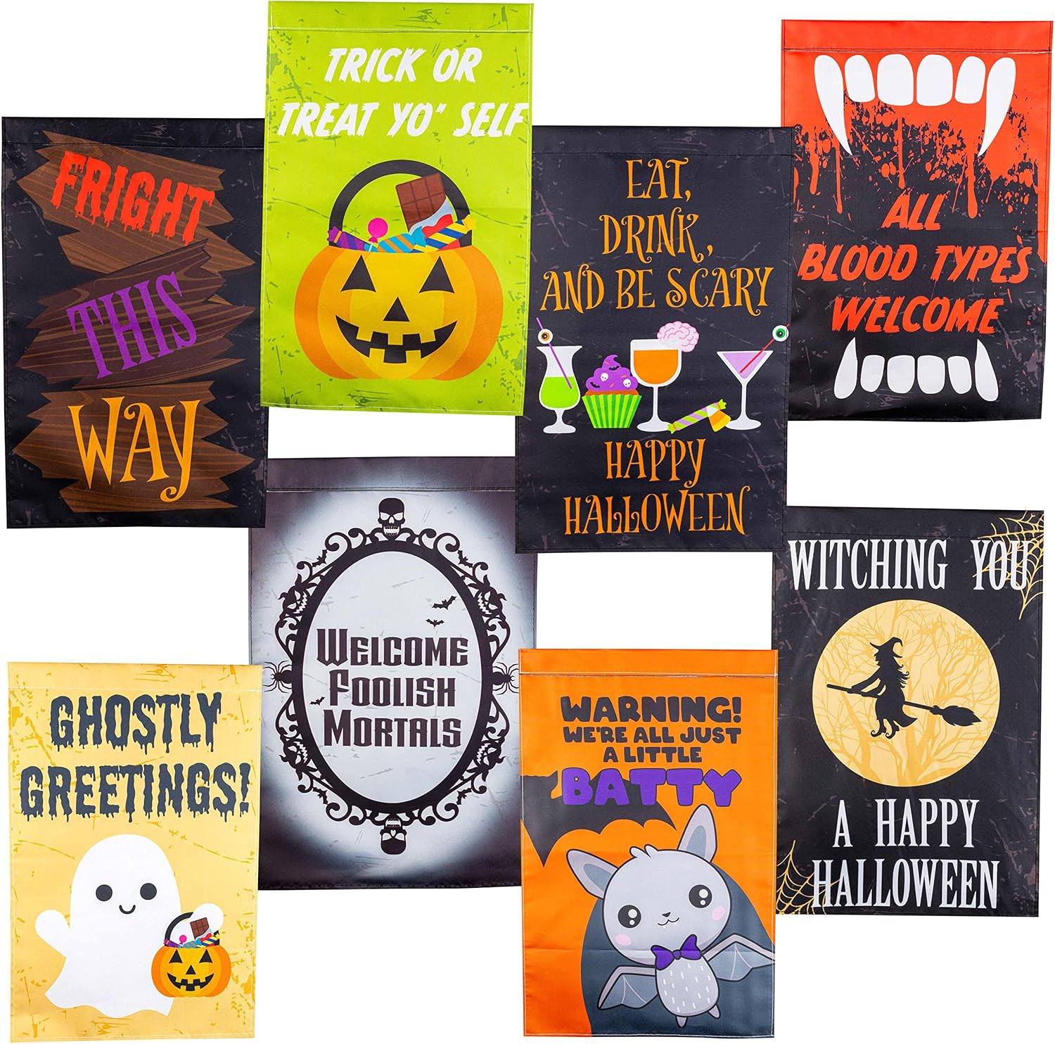 Halloween Garden Flags Variety Pack- (8 Different 12" x 18" Signs)- Weatherproof Banners for Indoor/Outdoor, Durable Fall Decoration- Fade Resistant Prints, Great for Lawn, Bedroom, Patio, Parties