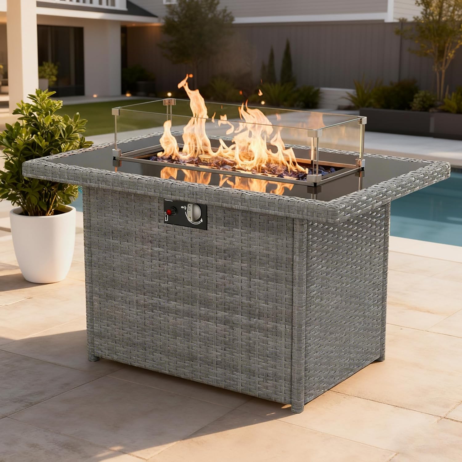 Propane Fire Pit Table, 44" Outdoor Gas Fire Pit with Glass Wind Guard & Waterproof Cover