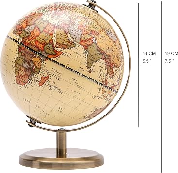 14cm Antique World Globe, Mini Rotating Desk Globe with Bronzed Metal Base for Home Office School