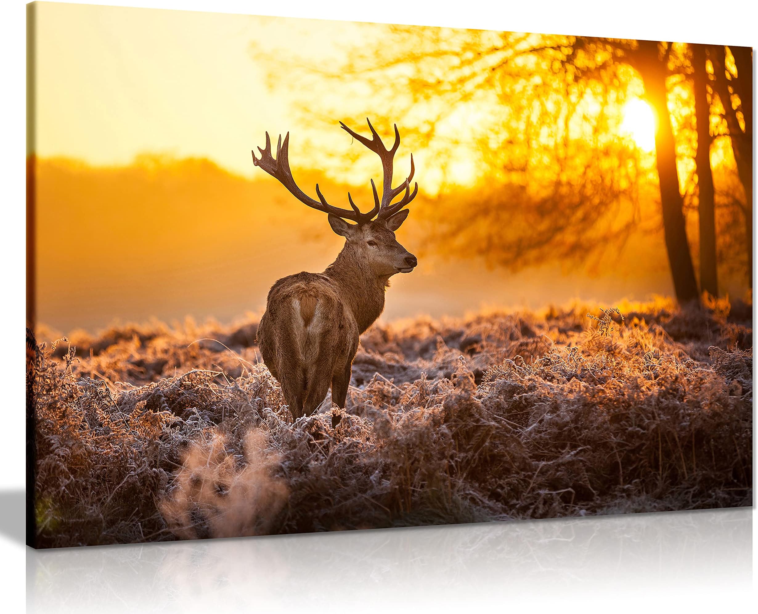 Red Deer Stag Sunrise Framed Canvas Wall Art, Ready to Hang Wildlife Print