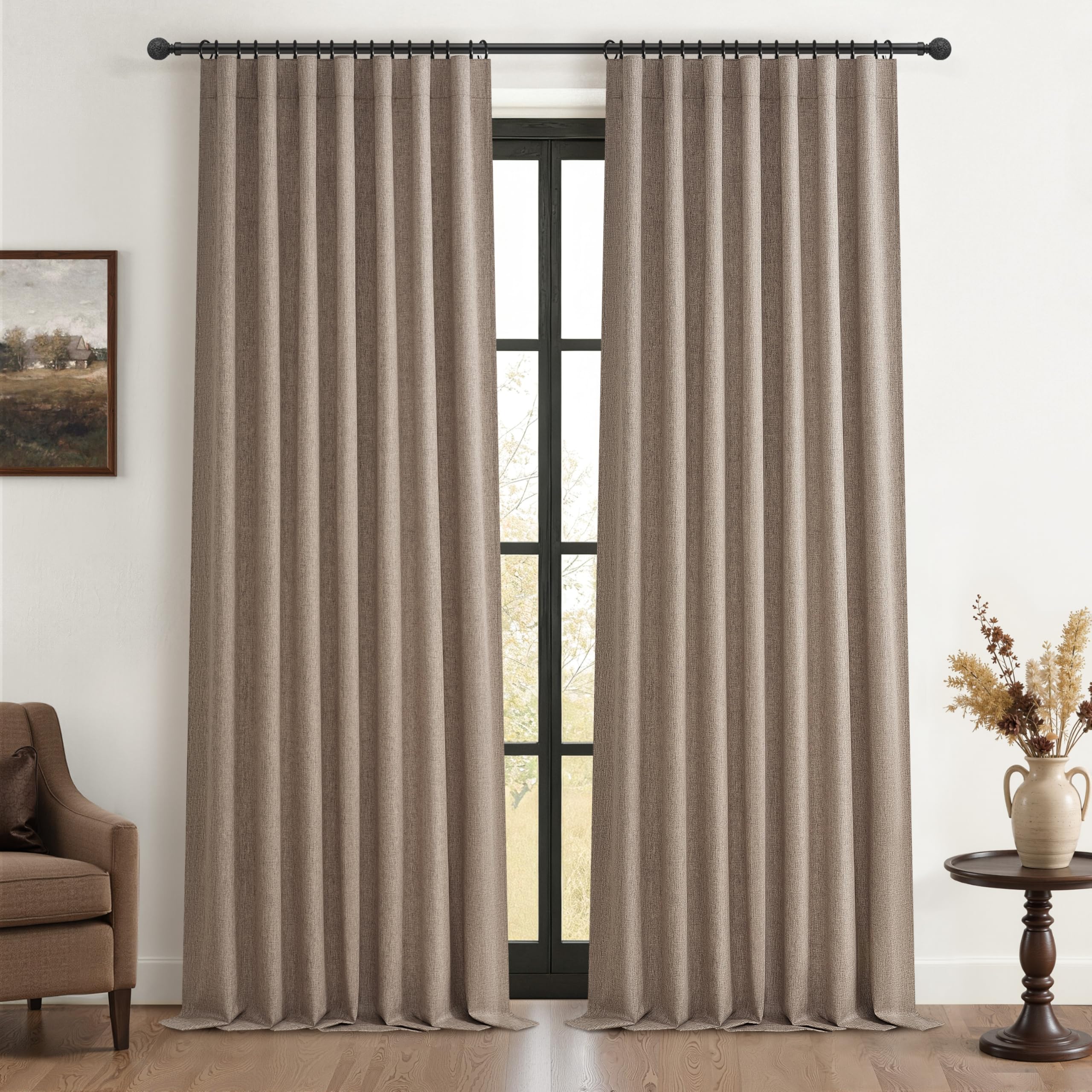 Extra Long Custom 102 Inch Curtains, 100% Blackout Curtains for Bedroom Weather Burg Thermal Insulated Noise Cancelling Pleated Heading Tape Hook Back Tab Dark Flax Boho Drapes Chocolate 2 Panel Set โ image 1