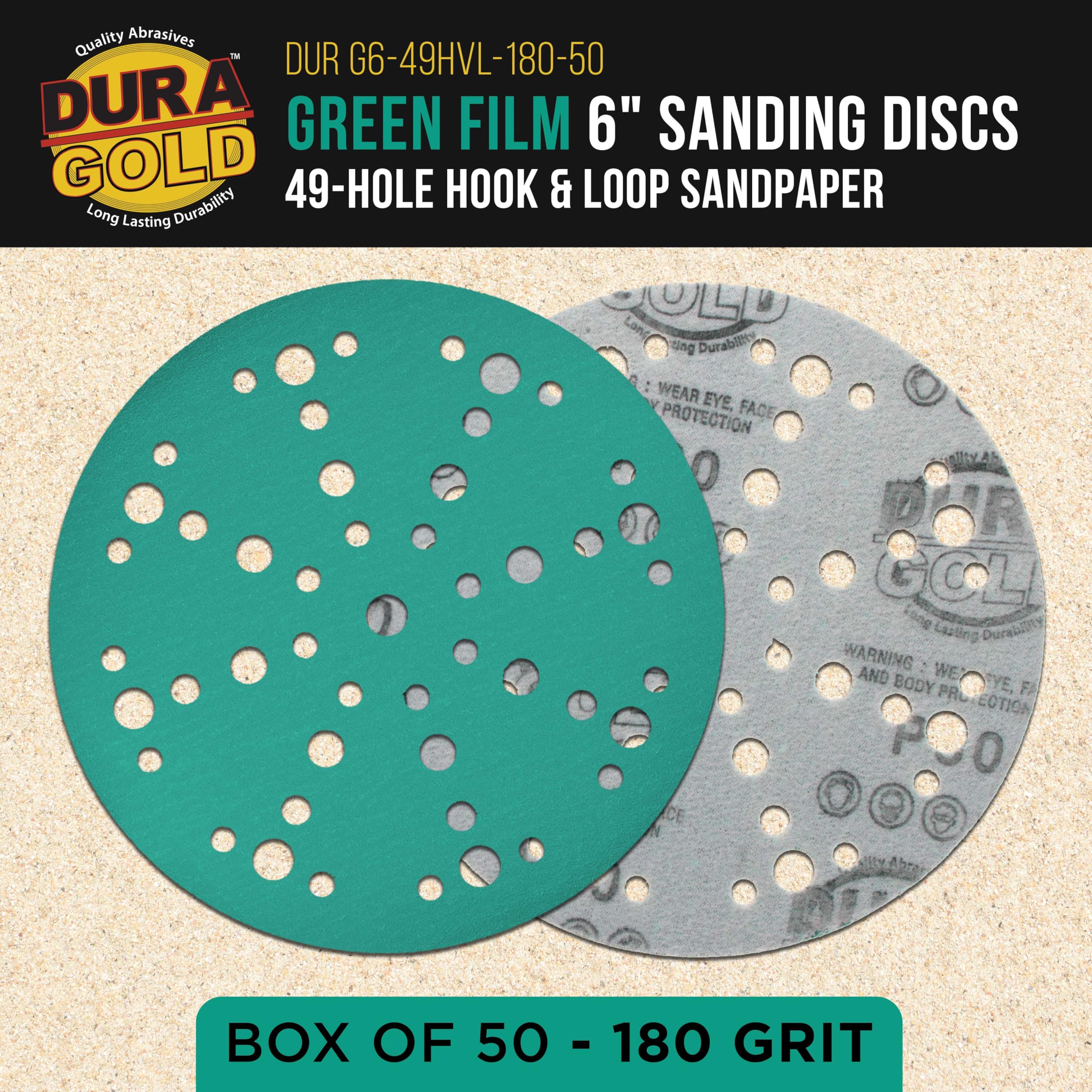 Dura-Gold Discos de lijado de película verde de grano 180 de 6 pulgadas, patrón de 49 agujeros, caja de 50 – Papel de lija resistente sin polvo para lijadoras orbitales DA y aleatorias, pintura de
