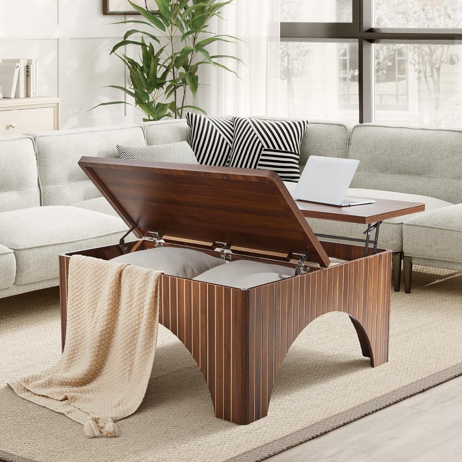 Square Coffee Table, 39'' Large Lift Top Coffee Table with Flip-Top Hidden Compartment Farmhouse Fluted Center Table Wooden Tea Table for Living Room, Apartment, Office (Walnut)