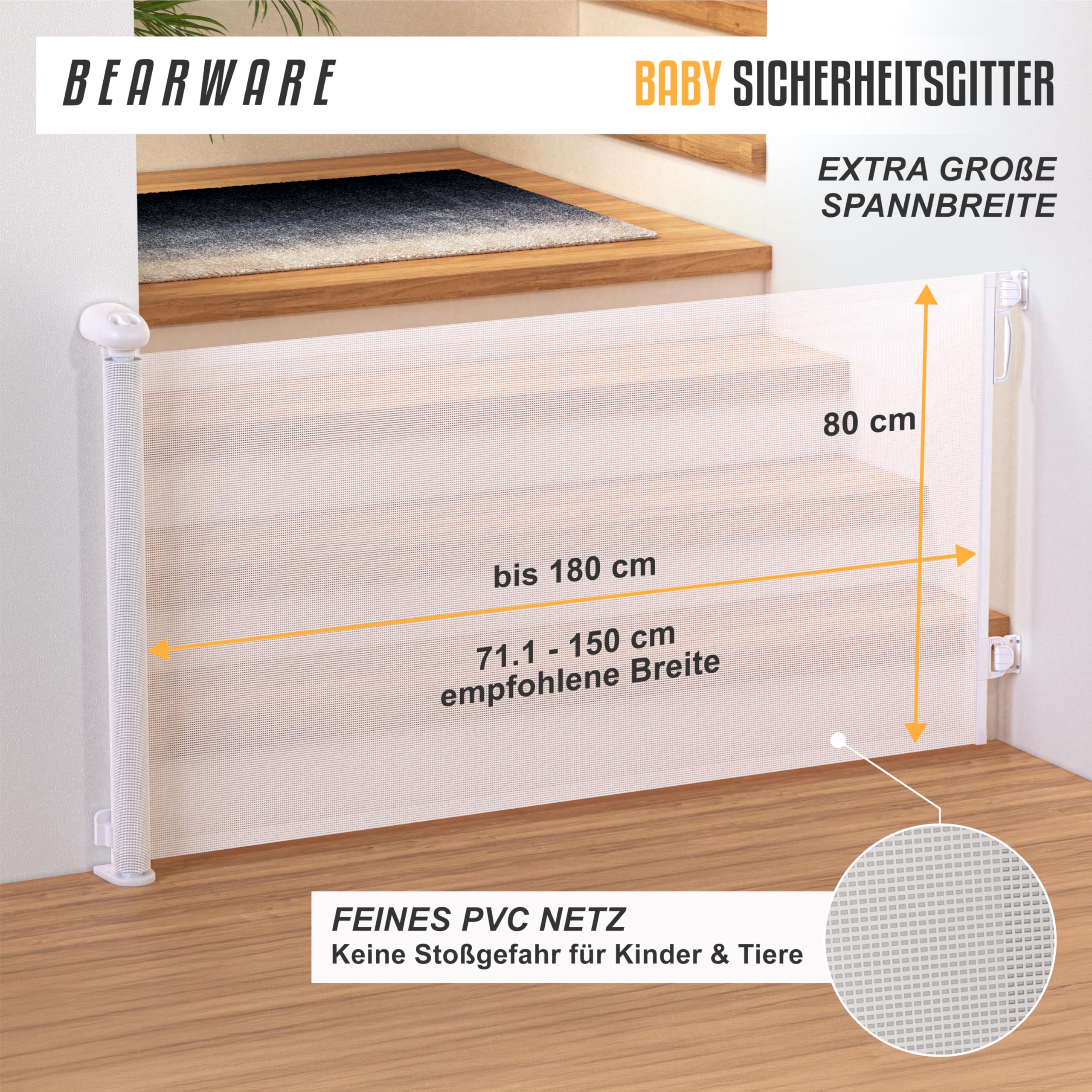 CSL - Schutzgitter Treppe Baby – Baby Schutzgitter für Treppen und Türen – bis zu 180 cm – Kindersicheres Absperrgitter – Treppenschutzgitter ausziehbar - Sicherheitsgitter Safety Gate