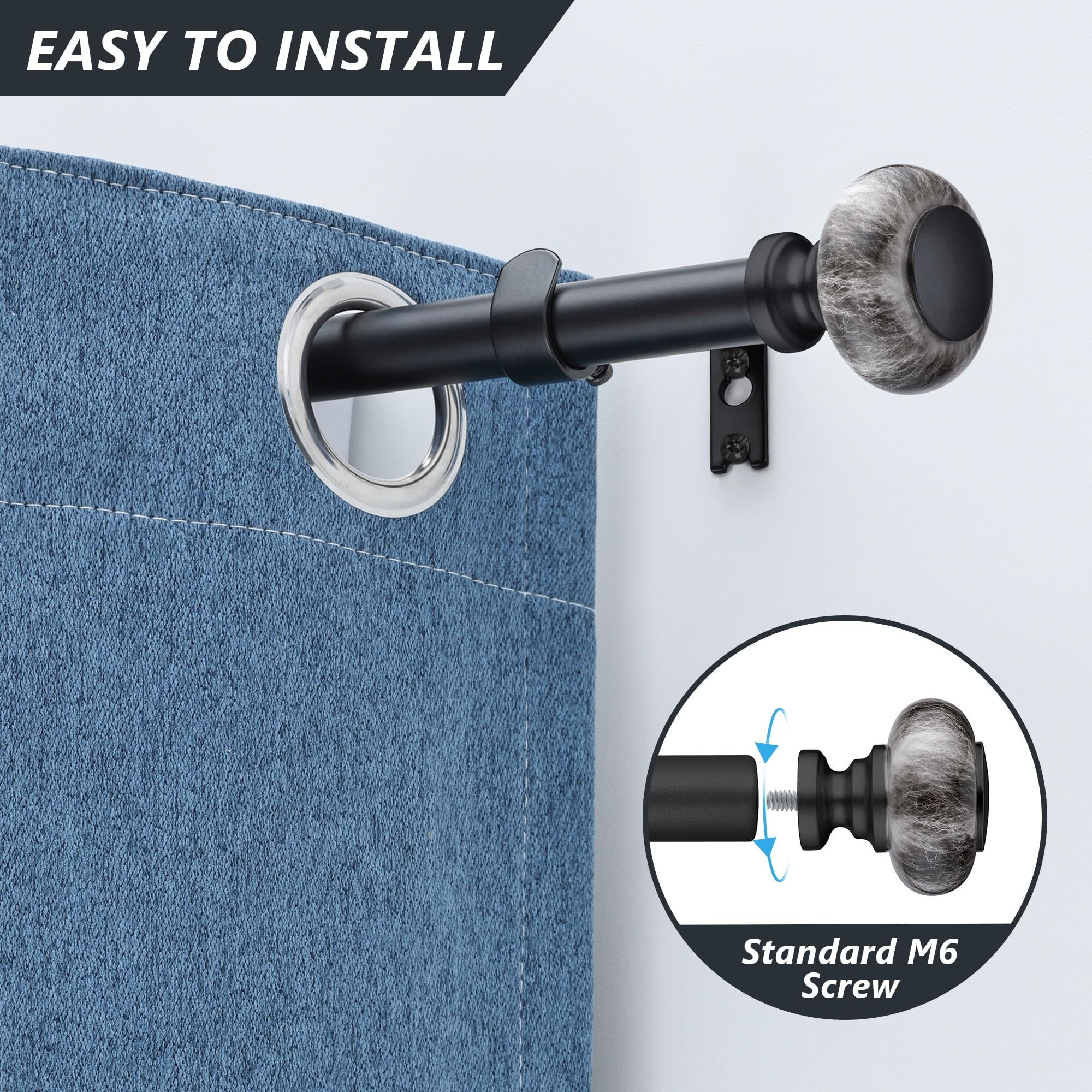 Black Curtain Rods for Windows 48 to 84 Inches,Adjustable 1 Inch Heavy Duty Drapery Curtain Rods with Marbled Finials for Bedroom,Living Room