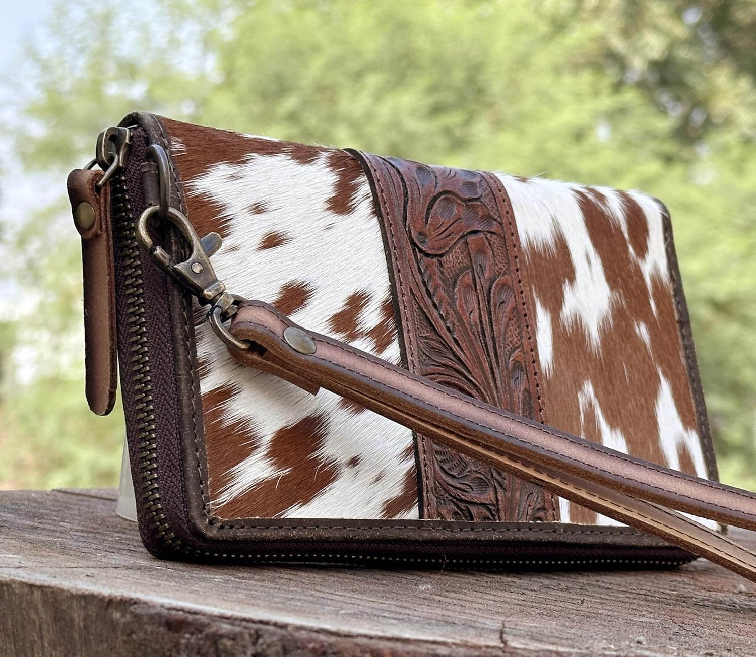 Clutch for Women Designer Card Wallet for Women Cowhide Fur with hand tooling Design on leather wallet for Women Leather (Brown) - Image 3