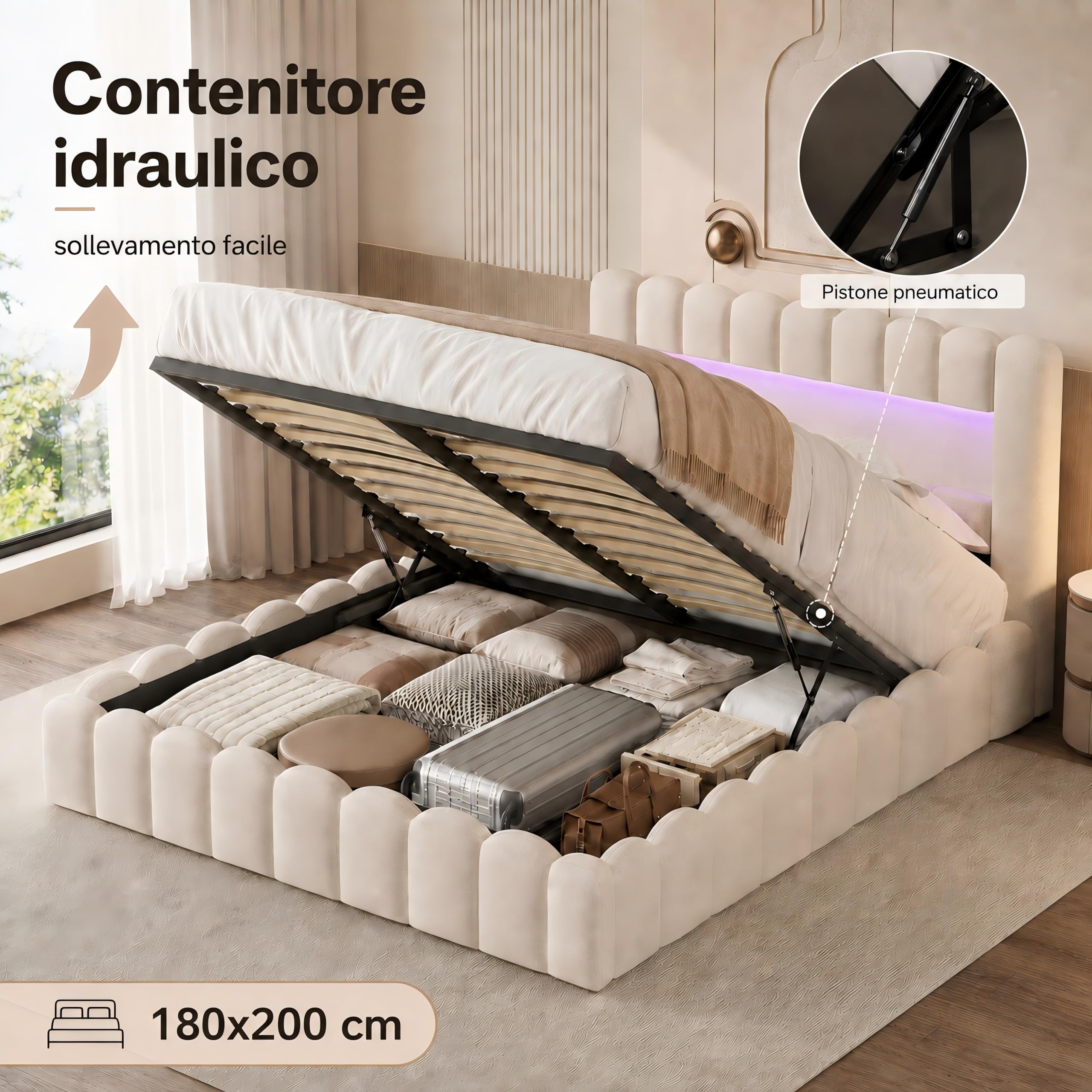 Letto King Size 180x200 con Contenitore Idraulico, Letto Imbottito con LED e USB, Struttura Letto Matrimoniale Grande con Testiera Portaoggetti, Beige, Lino (Senza Materasso)