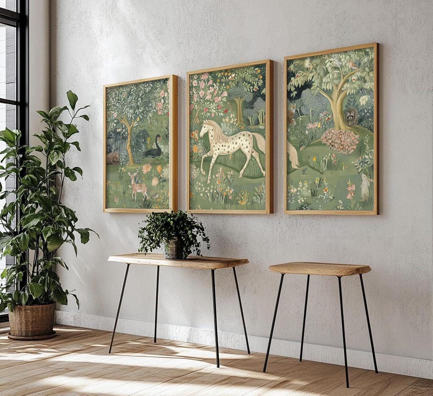Framed Vintage Woodland Animal Nursery Wall Art Magic Horse Bear Deer Poster Green Fantasy Forest Botanical Pictures Decor Fairy Tale Nature Painting Canvas Print Artwork for Kids Room Living Room