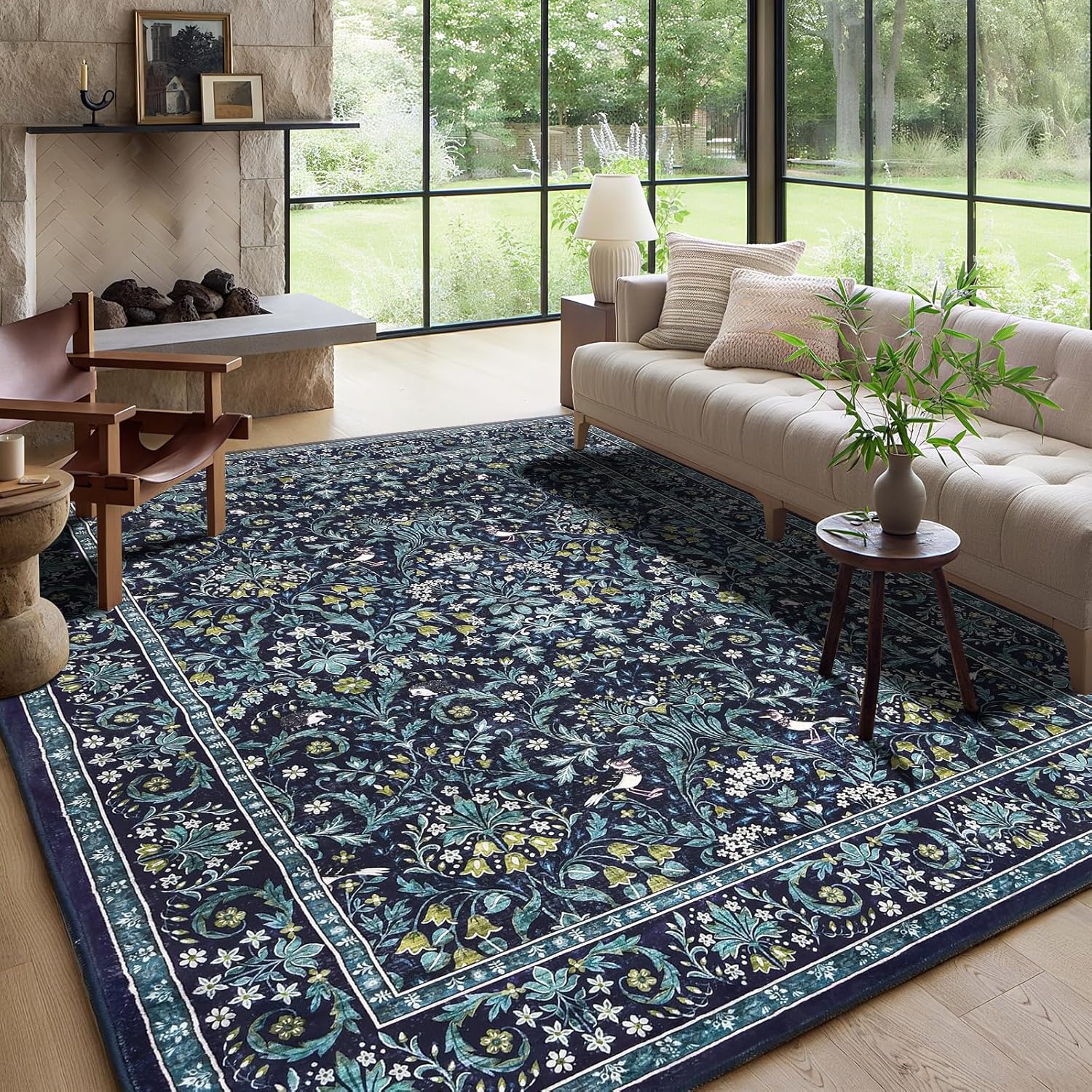 Dintszyayue Washable Rugs 8x10 Washable Boho Floral Non Slip Living Room Large Rugs for Bedroom Farmhouse Floor Cove Blue