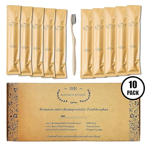 Miniatura 7 de Cepillos de dientes biodegradables y ecológicos, sellados individualmente, cerdas suaves sin BPA, sostenibles, embalaje reciclado (paquete de 10)