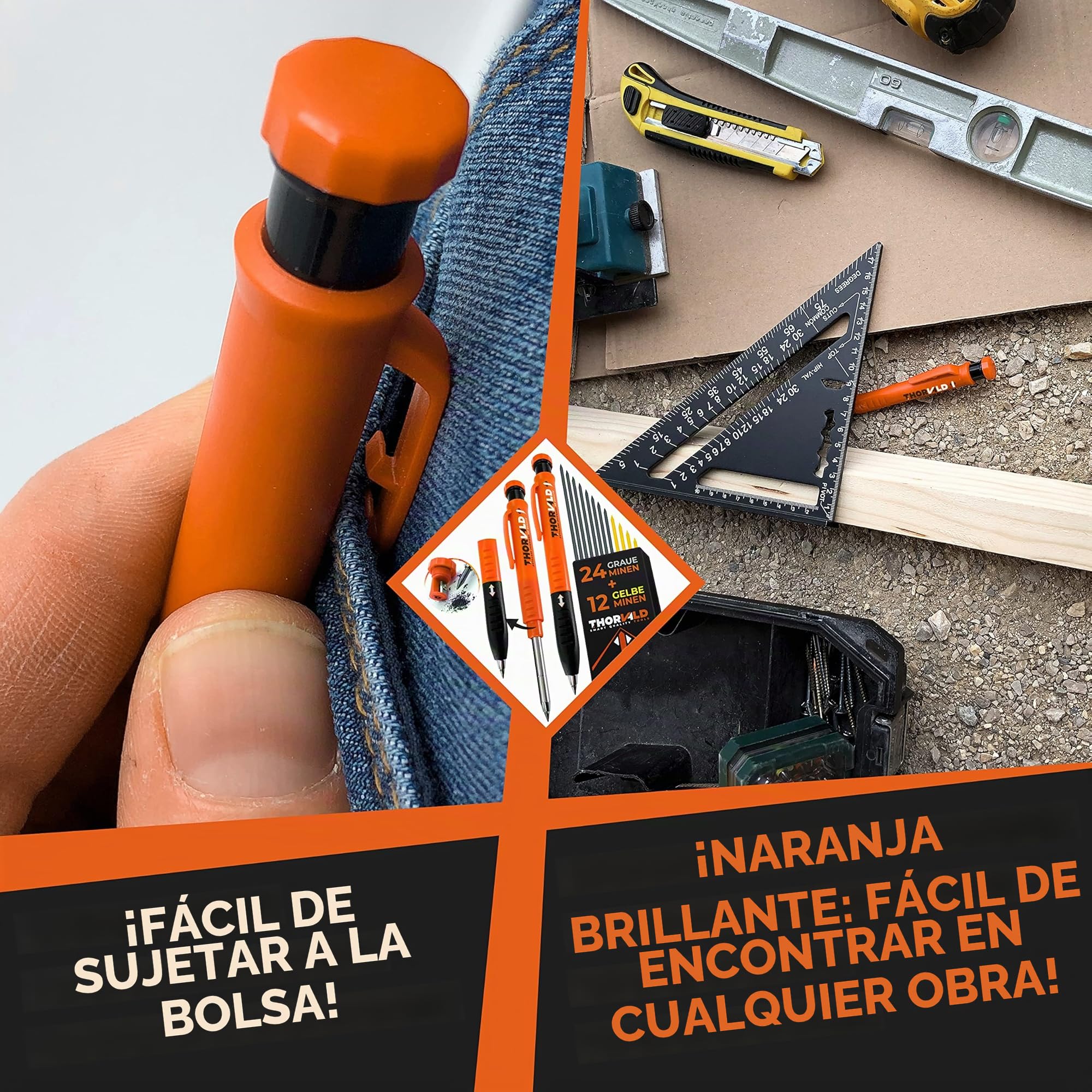 THORVALD 2 PRO Lápiz de construcción extensible [+ 38 MINE de soporte múltiple + Tamaño de mina + Agarre fácil de escribir] Portaminas para carpintero DIY Dibujo Trazado Madera aceitosa Metal Concret