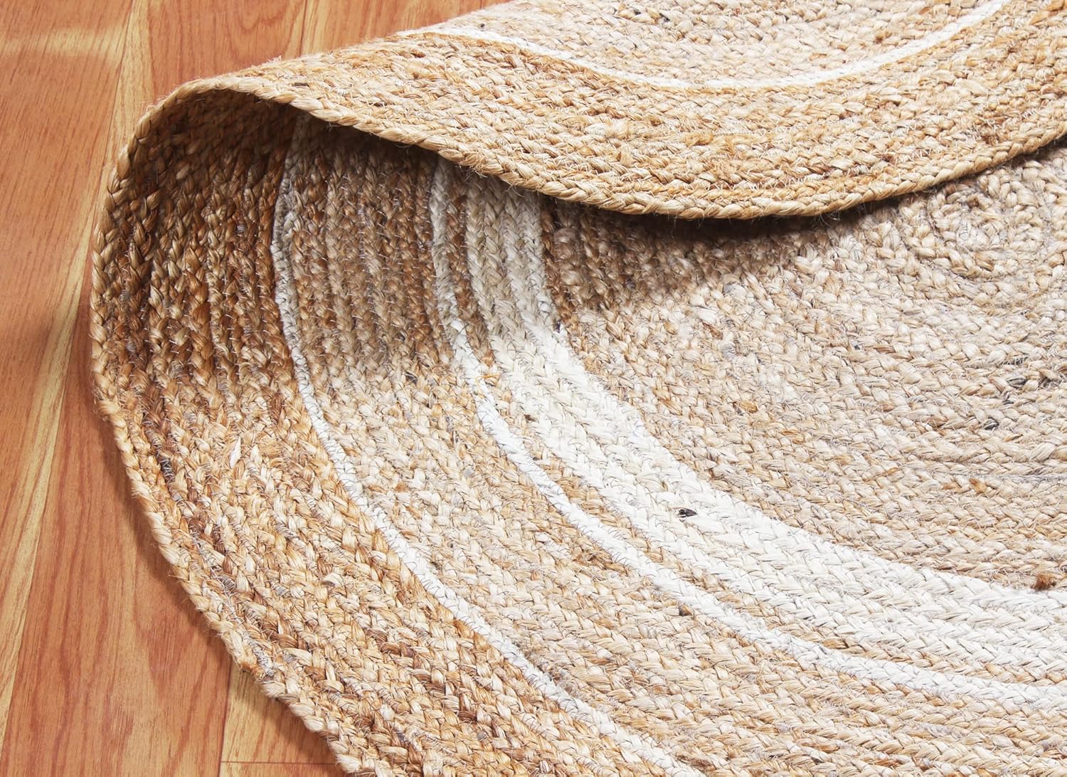 Natural Collection Circle Area Rug - 3 x 3 Ft' Round Beige and White Handmade Boho Braided Jute Ideal for High Traffic Areas in Living Room, Bedroom
