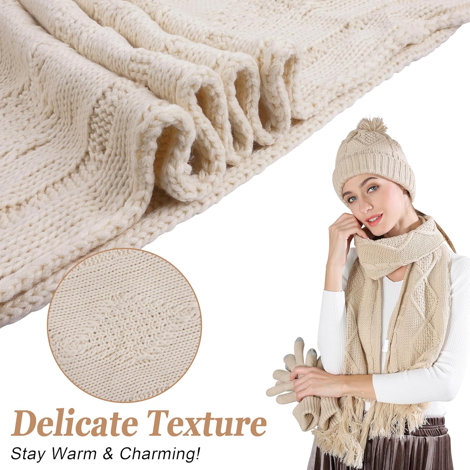 Winter Scarf Gloves and Hat Set for Women, Beanie Hat Long Scarf Touchscreen Gloves, Warm 3 in 1 Set for Womens Girls