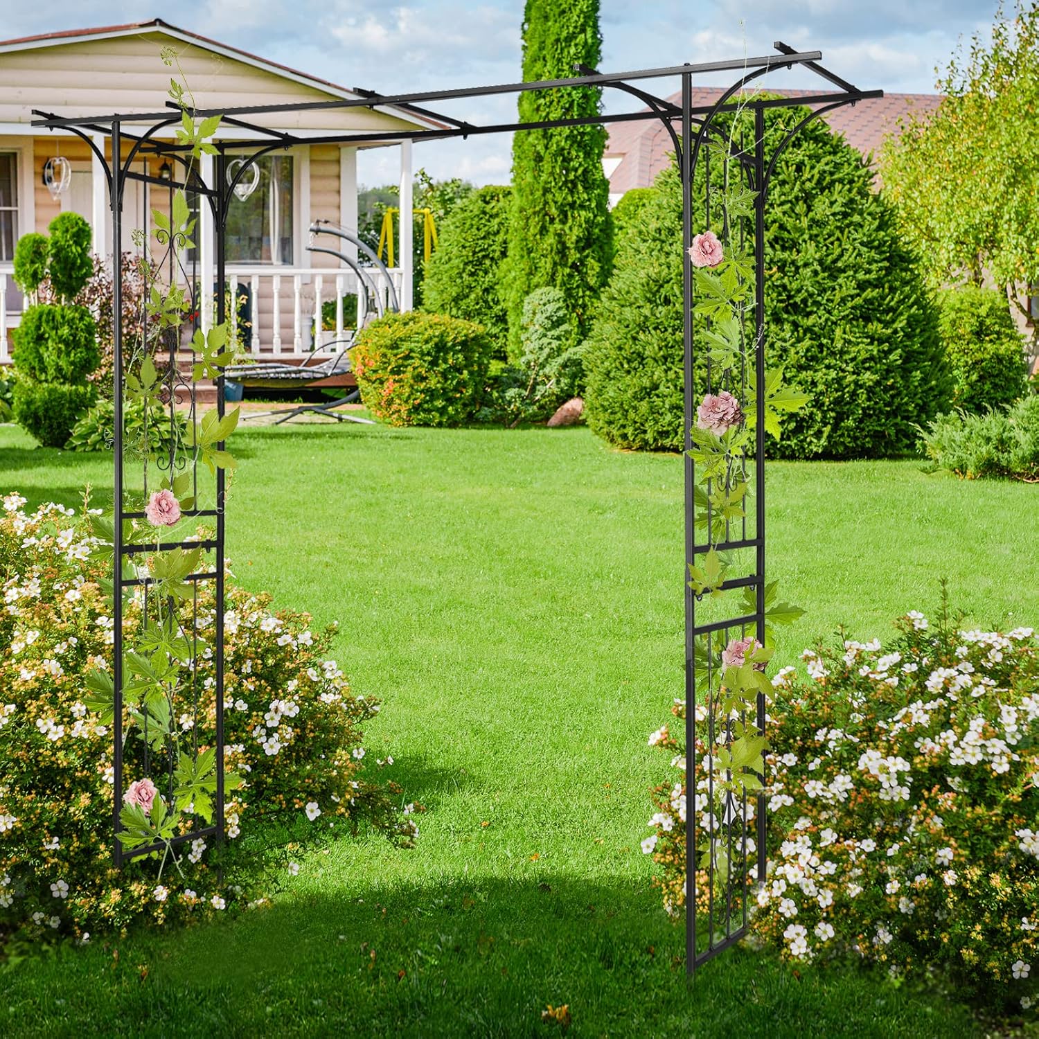 85" Metal Garden Arch Trellis for Climbing Plants, Large Flat Top Iron Arbor for Wedding Events & Backyard, Rustproof Outdoor Flower Support Rack for Roses & Vines, 6.7ft Wide, Black