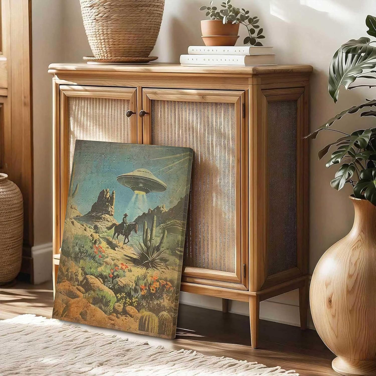 XNWEAPLF Vintage Western UFO Wall Art, Alien Cowboy Abduction Canvas Prints, Desert Cactus Decor, Sci-Fi Western Poster, 16x24 Framed for Living Room Boys Room