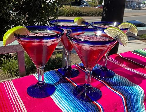 Miniatura 4 de Juego de 4 vasos de Margarita modernos soplados a mano con borde azul (12 onzas)