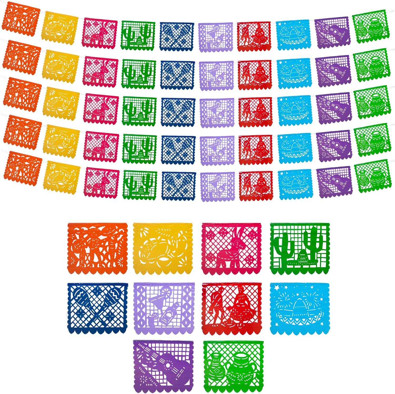 Mexican Party Banners (5 Pack with 10 Plastic Flags per Banner) Papel Picado Cinco