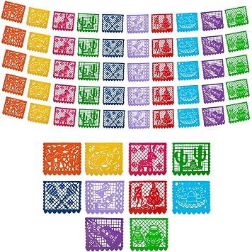 Mexican Party Banners 5 Pack with 10 Plastic Flags per Banner - Papel Picado Mexicano Para Fiesta - Plastic Papel Picado - Fiesta Themed Party Decorations - Mexican Decor Cinco de Mayo