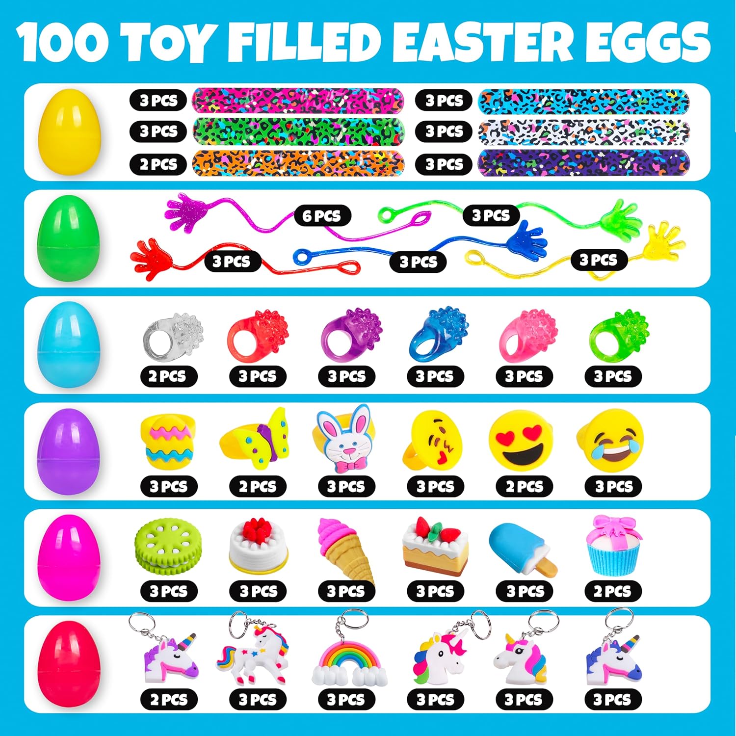 Giraffe 100 Pack Prefilled Easter Eggs Bulk - Multi Color Plastic Filled Easter Eggs for Kids with Toy Filled Slap Bracelets, LED Rings, Stickers - Easter Basket Stuffers for Kids
