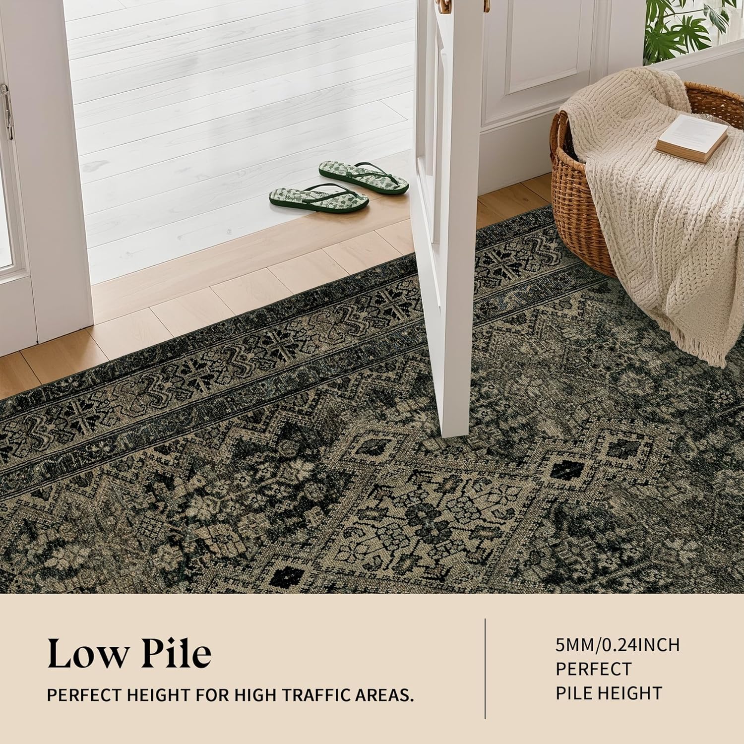 Boho Washable Rug for Living Room: Vintage 8x10 Area Rugs for Bedroom Soft Non Slip - Thin Stain Resistant Carpet for Dining Room Indoor - Dark Green - Image 7