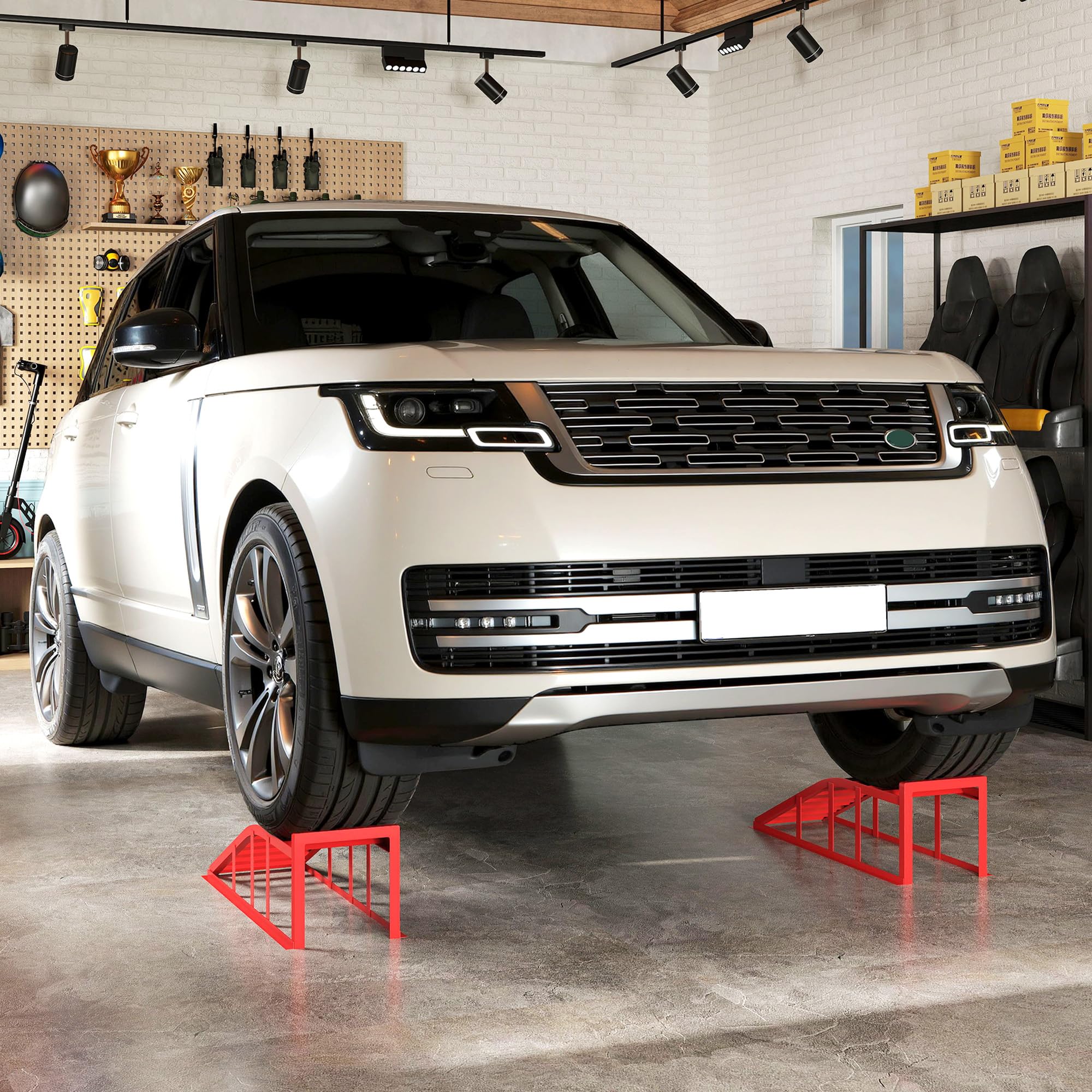 HOMCOM Juego de 2 rampas de acceso para coche, rampa de elevación de acero para coche, antideslizantes, para el mantenimiento y reparación de vehículos, para garaje, casa, taller, rojo