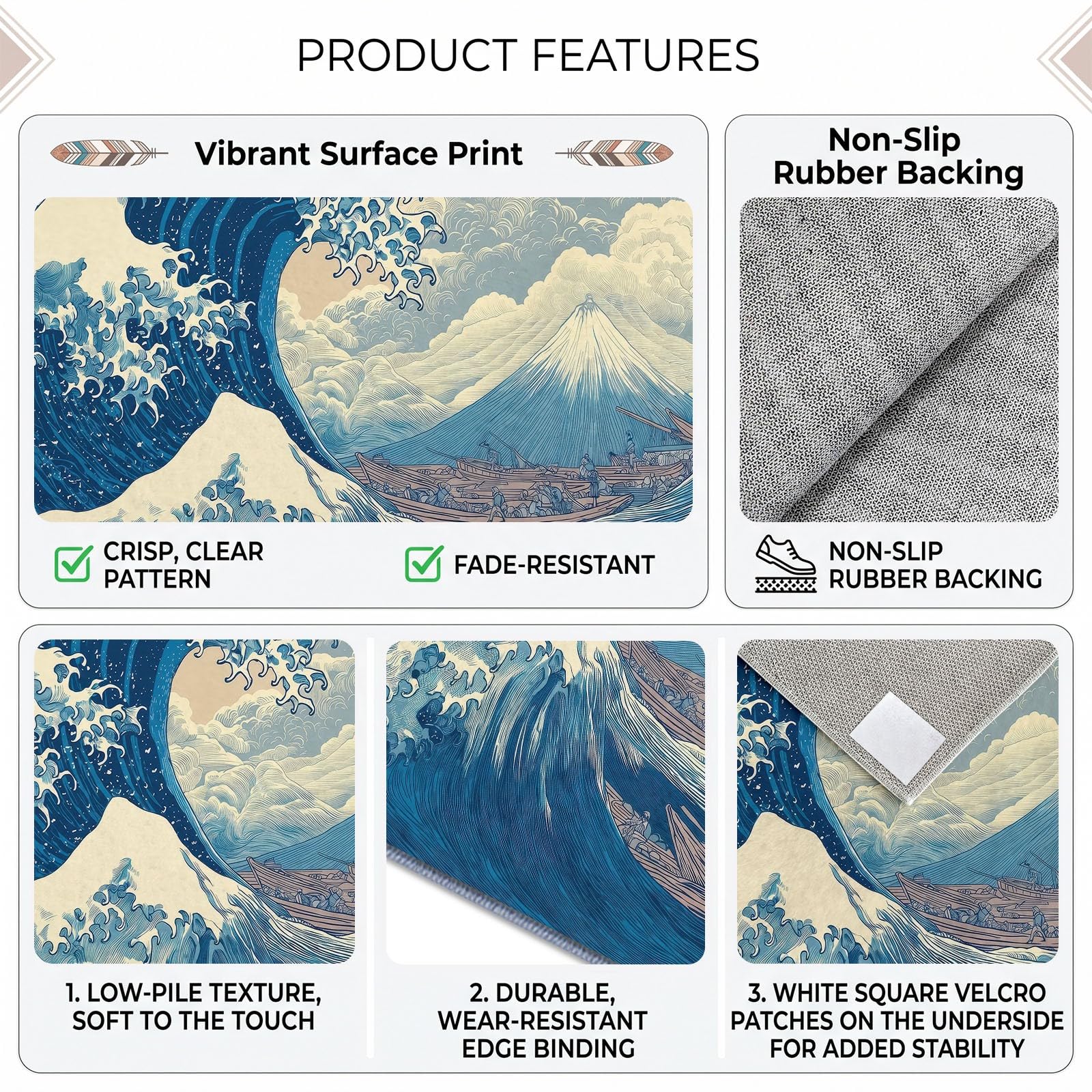 Alfombra japonesa Ukiyo-e lavable para salón, 180 x 240 cm, con ondas grandes de escarcha, suave, antideslizante, de pelo corto, alfombra grande para dormitorio, cama, comedor, oficina