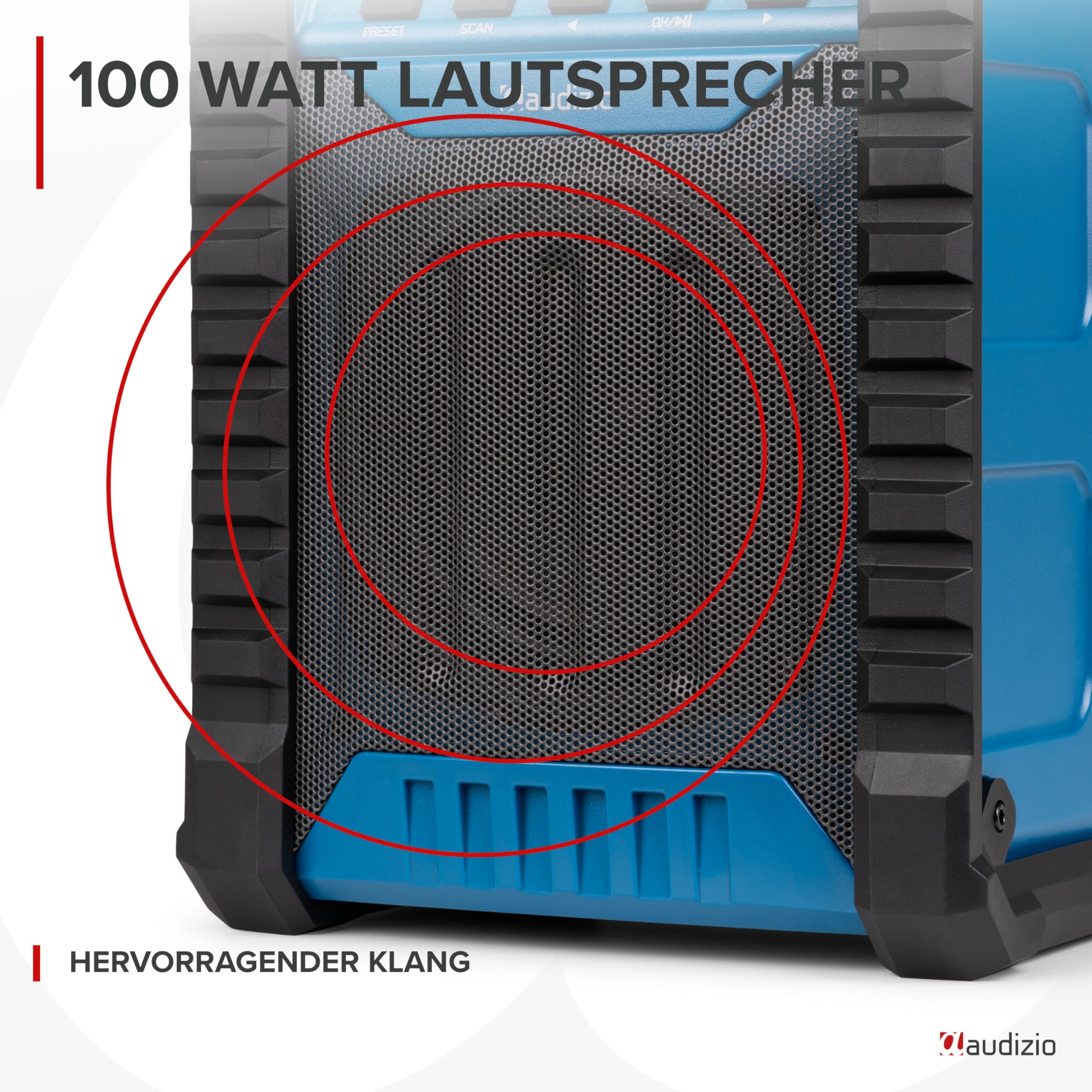 Audizio Jobsite - Baustellenradio DAB Plus Radio mit Bluetooth 5.0, Akku 8h, 100 Watt Leistung, IP54 Wasserdicht, FM, Tragegriff, DAB+, Werkstattradio mit AUX & USB, Outdoor Radio