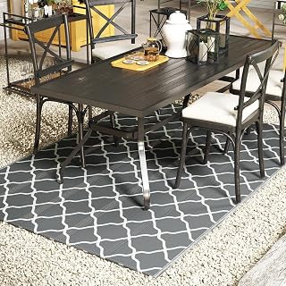Outsunny Alfombra Exterior 182x274 cm Moderna Reversible de Plástico Impermeable para Terraza, Balcón, Patio, Camping, Playa Gris y Blanco